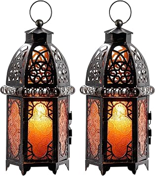 NEEDOMO Set of 2 Hanging Moroccan Lantern, 12.8 Vintage Candle Holder, Metal Lanterns Decorative Indoor Outdoor, Table, Patio, Porch, Shelf, Ramadan Decorations Amber