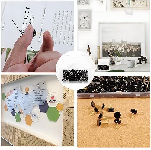 Miniatura 7 de VAPKER 200 tachuelas planas negras para pulgar, cabeza de plástico estándar y punta de acero dorado para tablero de corcho, mapas, colgar en la