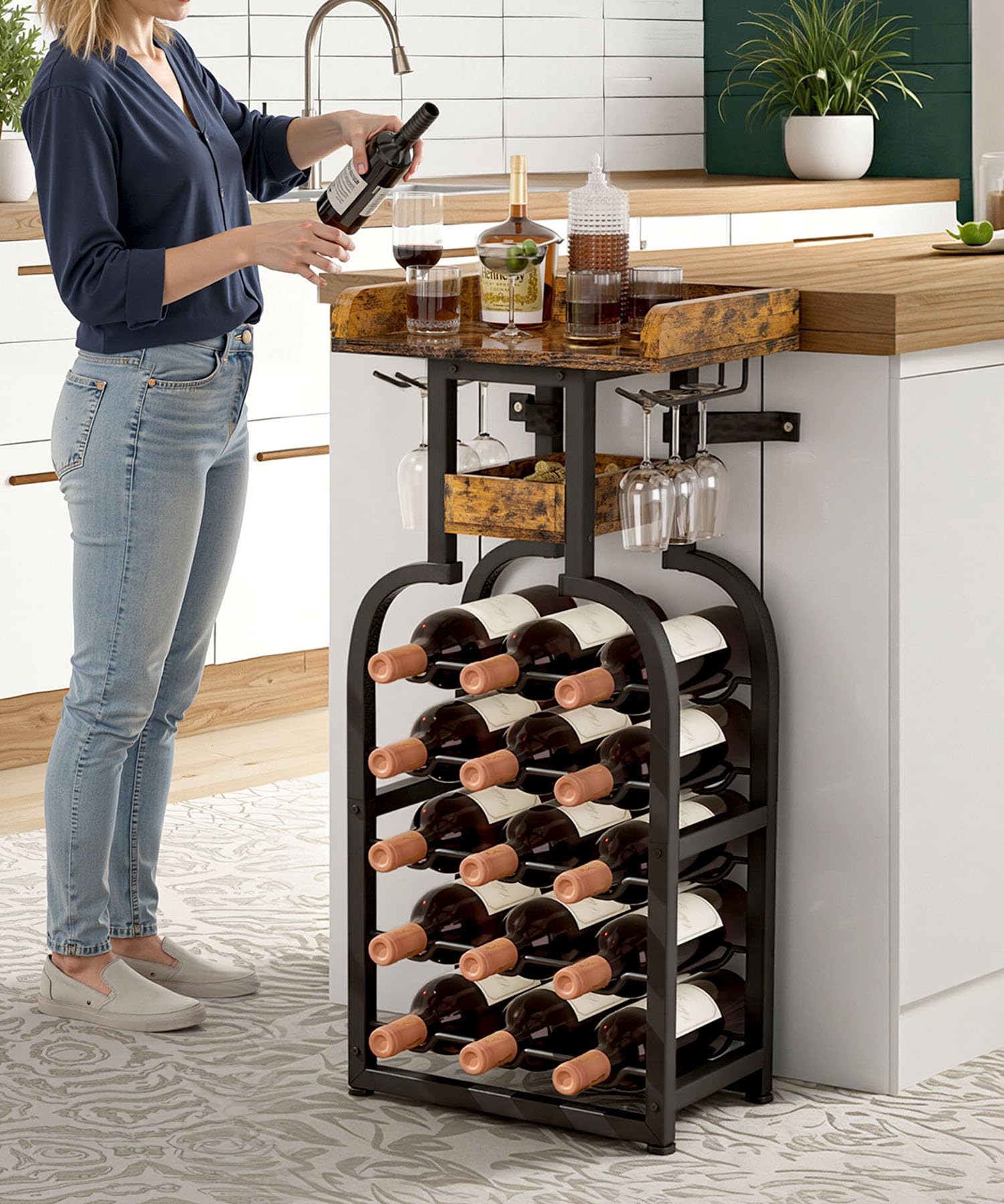 Yorbay Weinregal freistehend 15 Flaschen, Flaschenregal mit Glashaltern, Dekorativer Flaschenhalter-Ständer für Küche, Bar, Esszimmer, Boden