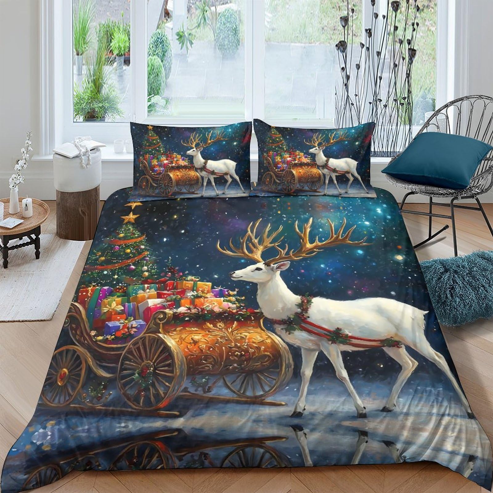 Ctjqhvkz Style-8 3D Printed Christmas Reindeer Fitted Sheet Microfiber Cozy Sleigh Bed Cover For Bedroom Guest Room Dorm Decor Single（135X200cm）