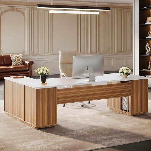 Vista 4 de Tribesigns Escritorio ejecutivo en forma de L de 85.8 pulgadas, escritorio de oficina extragrande con cajones de archivos, muebles modernos