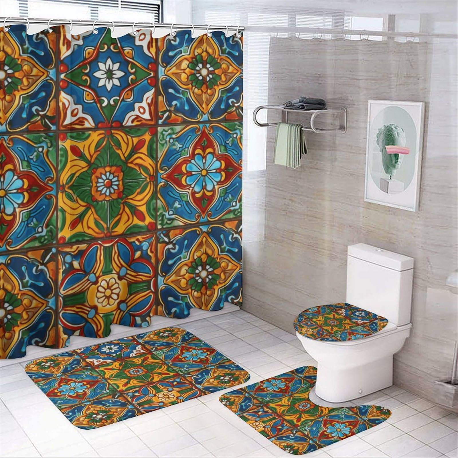 Rideaux de douche mexicains lot de 4 avec tapis antidérapant et 12 crochets