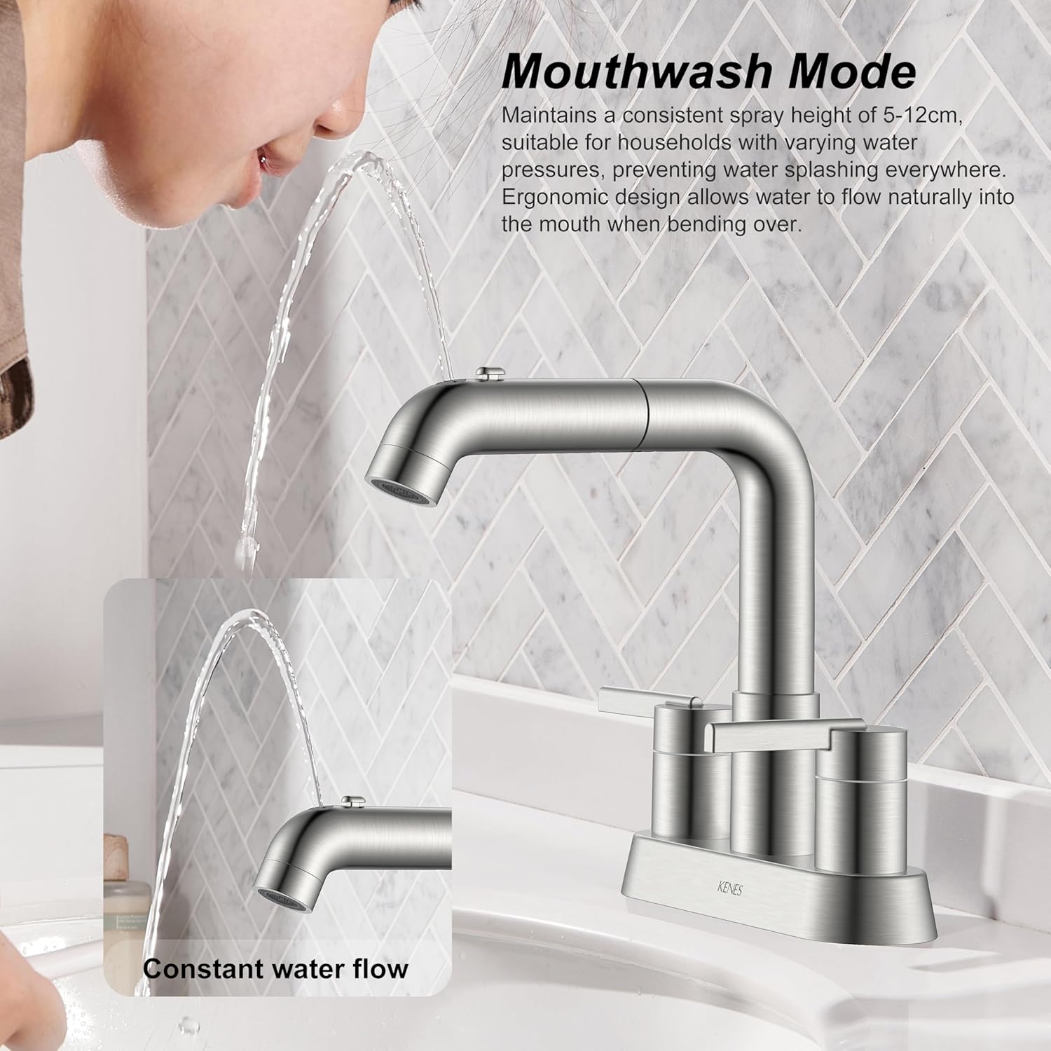 KENES Pull Down Bathroom Faucet with Sprayer, Brushed Nickel 4 Inch 2 Handle Centerset Bathroom Faucets 3 Hole with Pull Out Sprayer, Vanity Faucet with Pop Up Drain & Supply Lines LJ-9059A