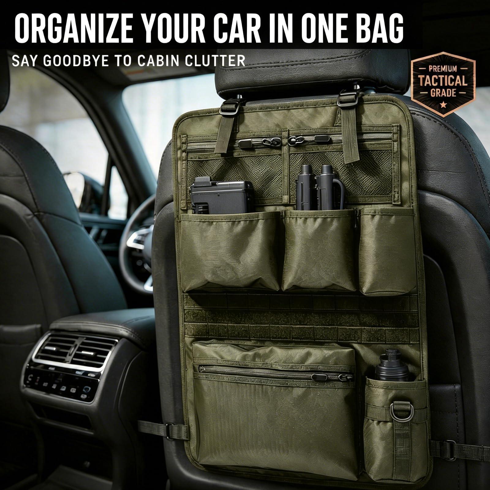 Taktischer Autositz Organizer Rückenlehne 42×62 cm, Auto Sitz Organizer mit MOLLE System, Rückenlehnenschutz mit Taschen, Netztaschen & Becherhalter für SUV, Jeep, Reisen, Camping (Grün)