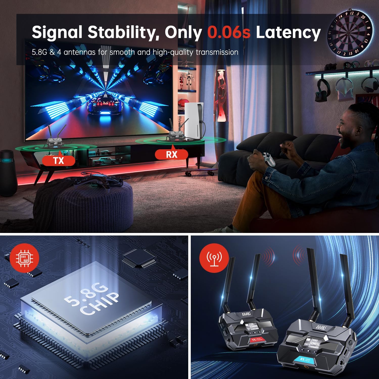 Gaming setup showing a wireless HDMI connection with low latency