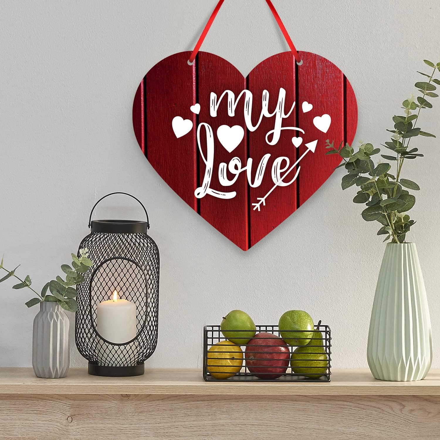 Valentines Day Decor My Love Red Wood Background With White Hearts, 12 Inch Aluminum Heart Shaped Door Sign With Red Satin Ribbon by Soul Décor