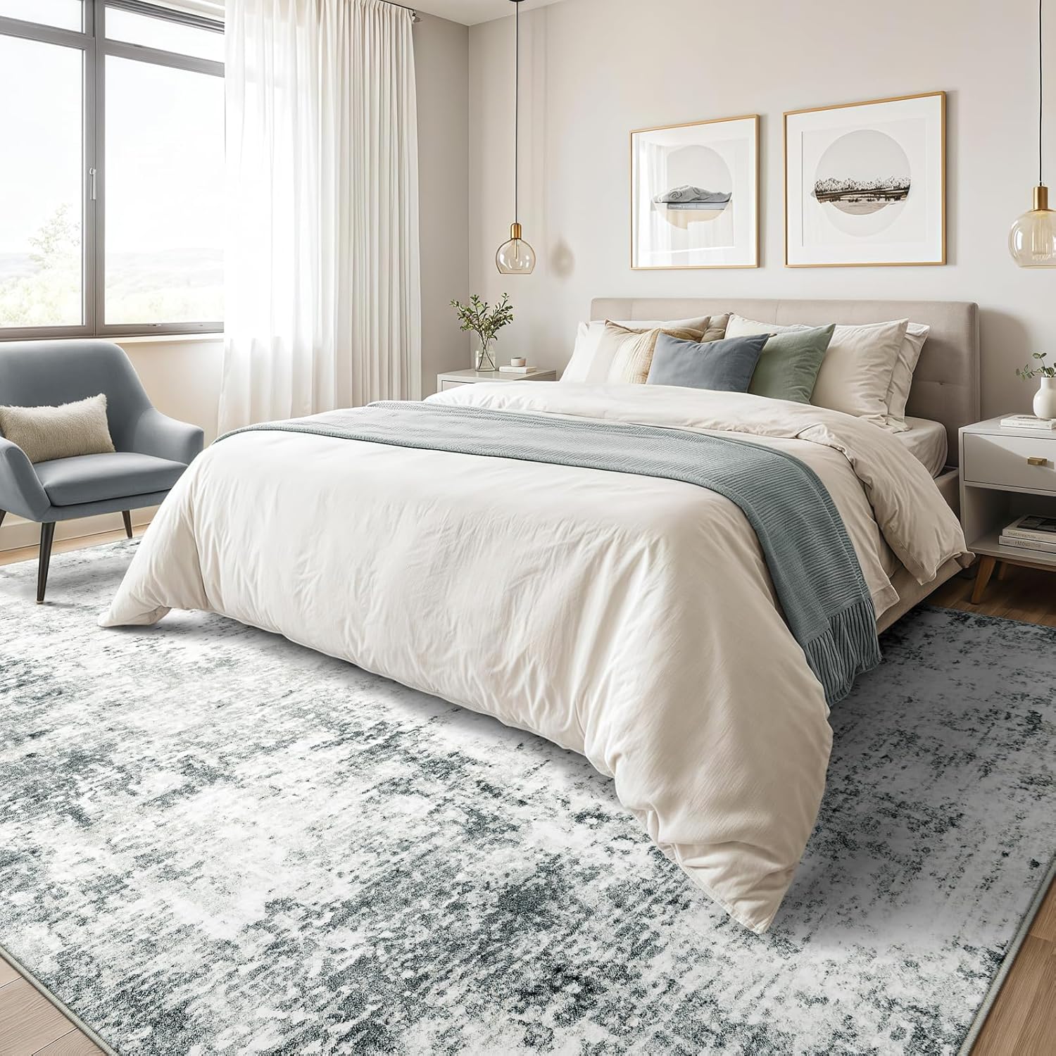 8x10 Machine Washable Area Rug for Living Room, Grey Modern Vintage Abstract Rug Large Non-Slip Low Pile Soft Faux Wool Carpet, Kids and Pets Friendly for Bedroom Dining Room Farmhouse Home Decor Rug