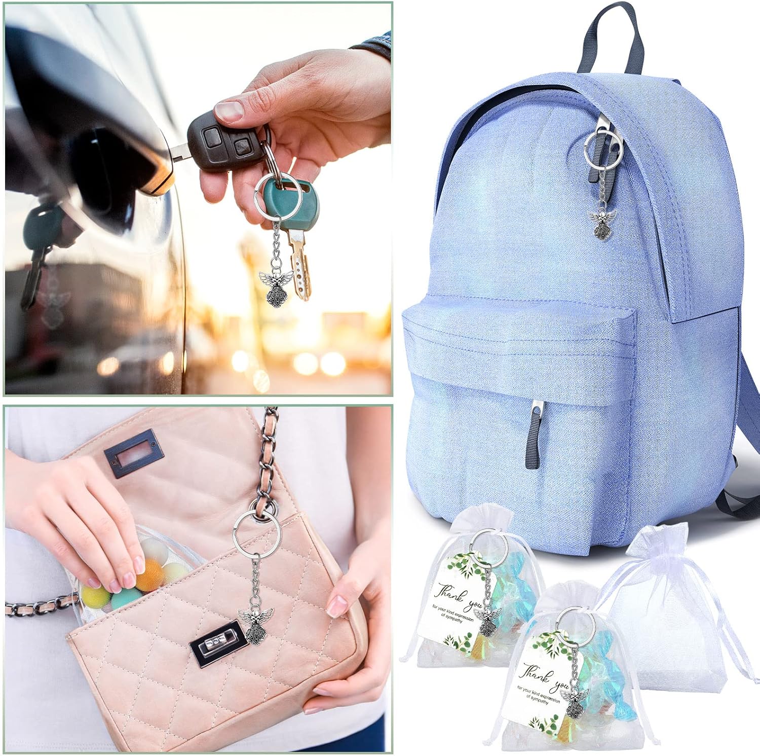 Hicarer 180 Pcs Funeral Favors Thank You Set 60 Pcs Angel Charm Keychain Angel Key Ring 60 White Organza Bags 60 Sympathy Thank You Cards Tags for Funeral Memorial Party Guests Gifts - Image 7