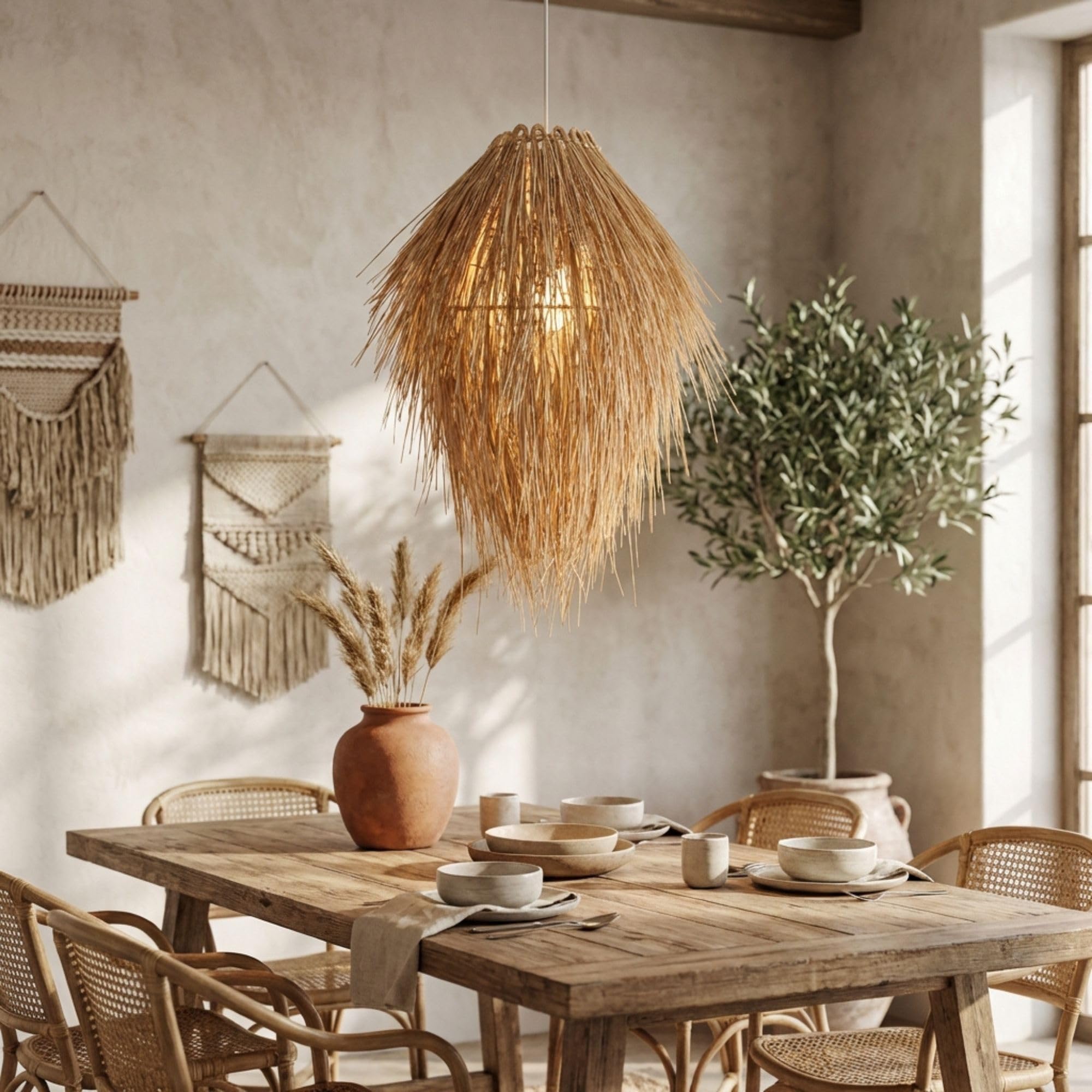 B·LED BARCELONA LED Lámpara Colgante de Techo Mimbre Natural Nido Rústico Nórdico Pantalla Ratán Bambú Madera E27 para Comedor Salón Cocina