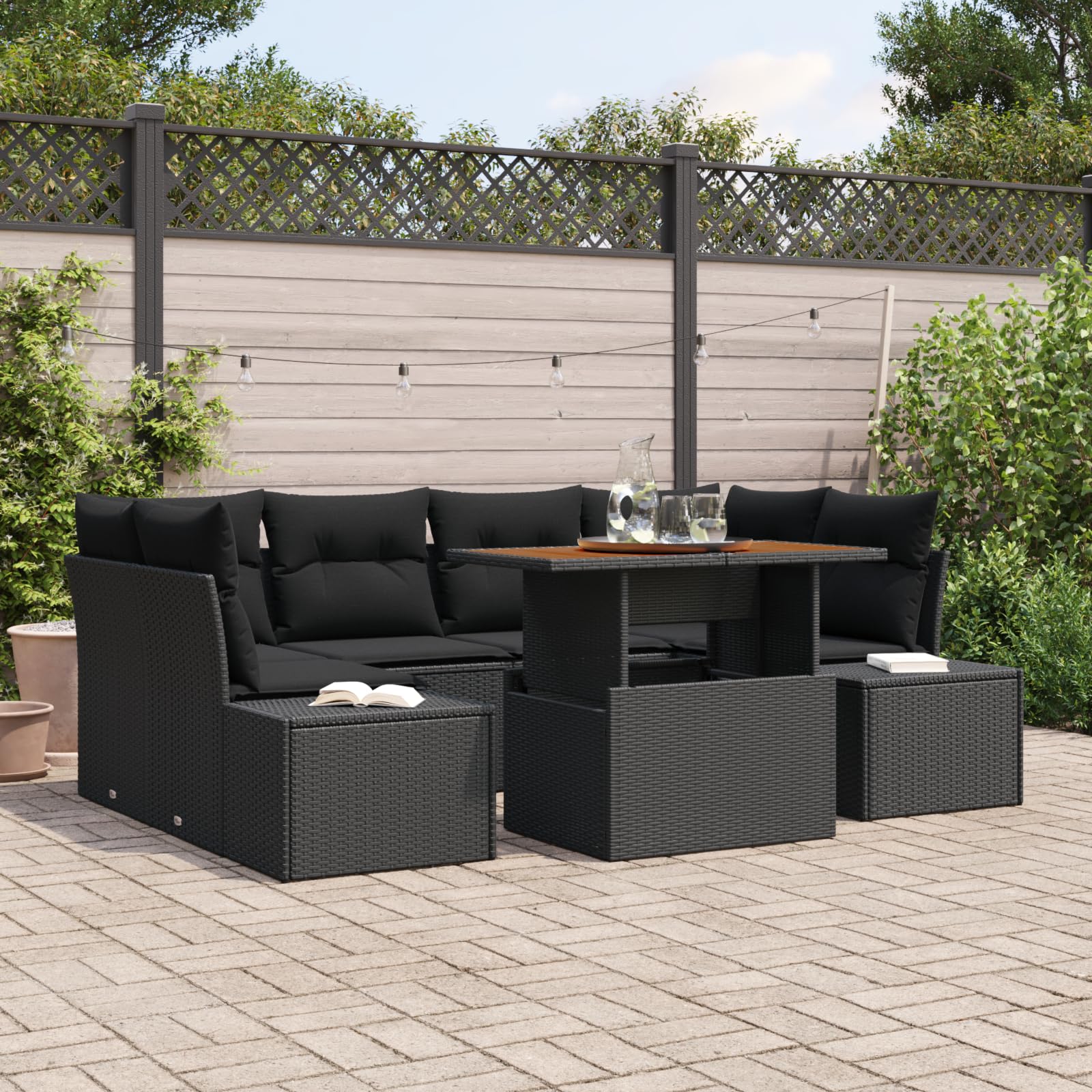 7-TLG. Garten-Essgruppe mit Kissen Schwarz Poly Rattan Akazie, 7-teiliges Esszimmer-Set für draußen mit Tisch und modularen Sitzeinheiten, wetterfestes UV-geschütztes