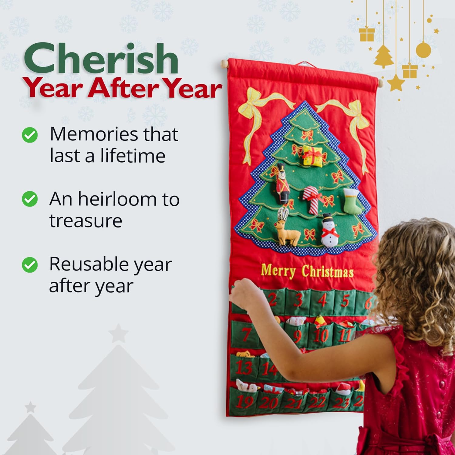 Merry Christmas Green Tree Advent Calendar by Pockets of Learning | Festive Holiday Décor, Seasonal Fabric Wall Hanging | Cloth Christmas Countdown w/ 24 Stuffed Cloth Ornaments