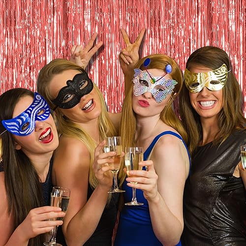 Miniatura 2 de Paquete de 2 cortinas de flecos de oro rosa para decoración de cumpleaños, despedida de soltera, serpentinas metálicas, telón de fondo de aluminio,