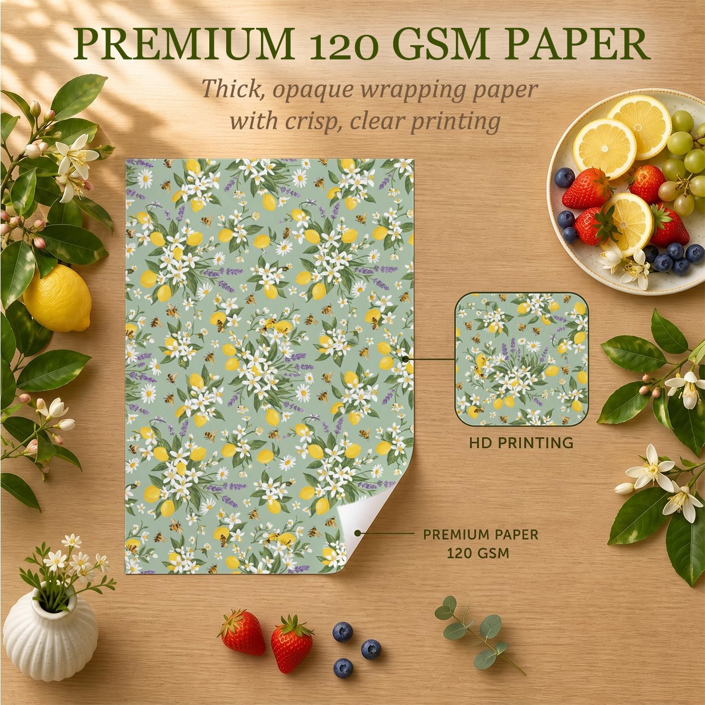 SHSEEN Bee Wrapping Paper, Lemon Floral Gift Wrap, 2 Sheets, 120 GSM Kraft image 2