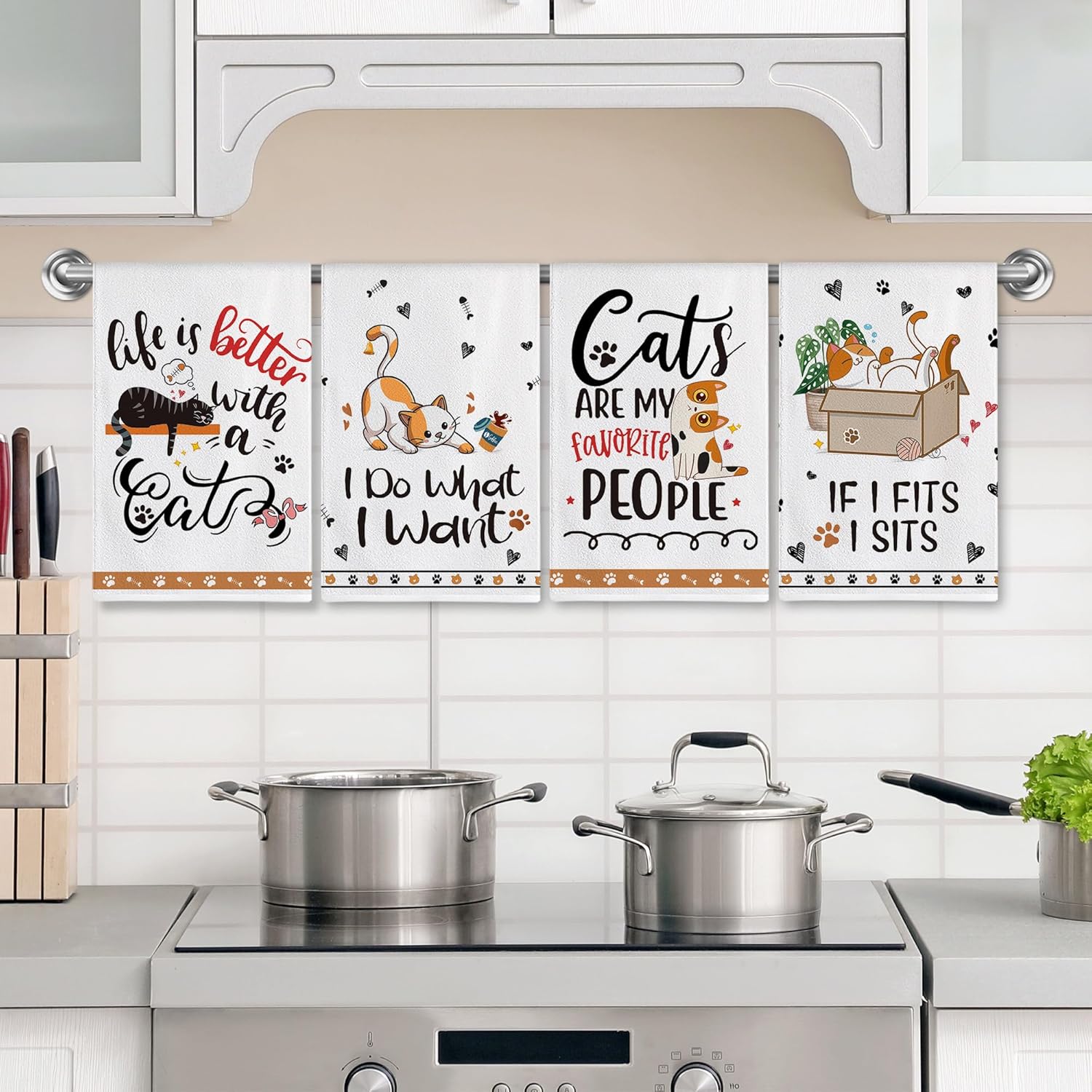 Hexagram Cat Kitchen Towels Set of 4, Cat Lover Gifts for Women, Funny Cute Housewarming Dish Hand Towels for Home Kitchen Decor - Image 2