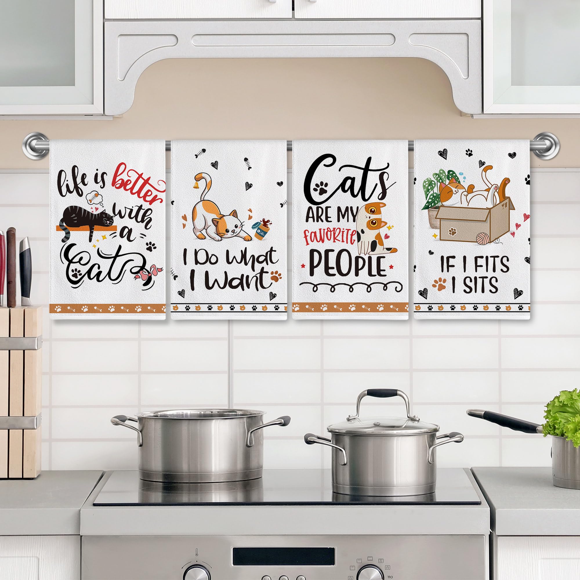 Hexagram Cat Kitchen Towels Set of 4, Cat Lover Gifts for Women, Funny Cute Housewarming Dish Hand Towels for Home Kitchen Decor