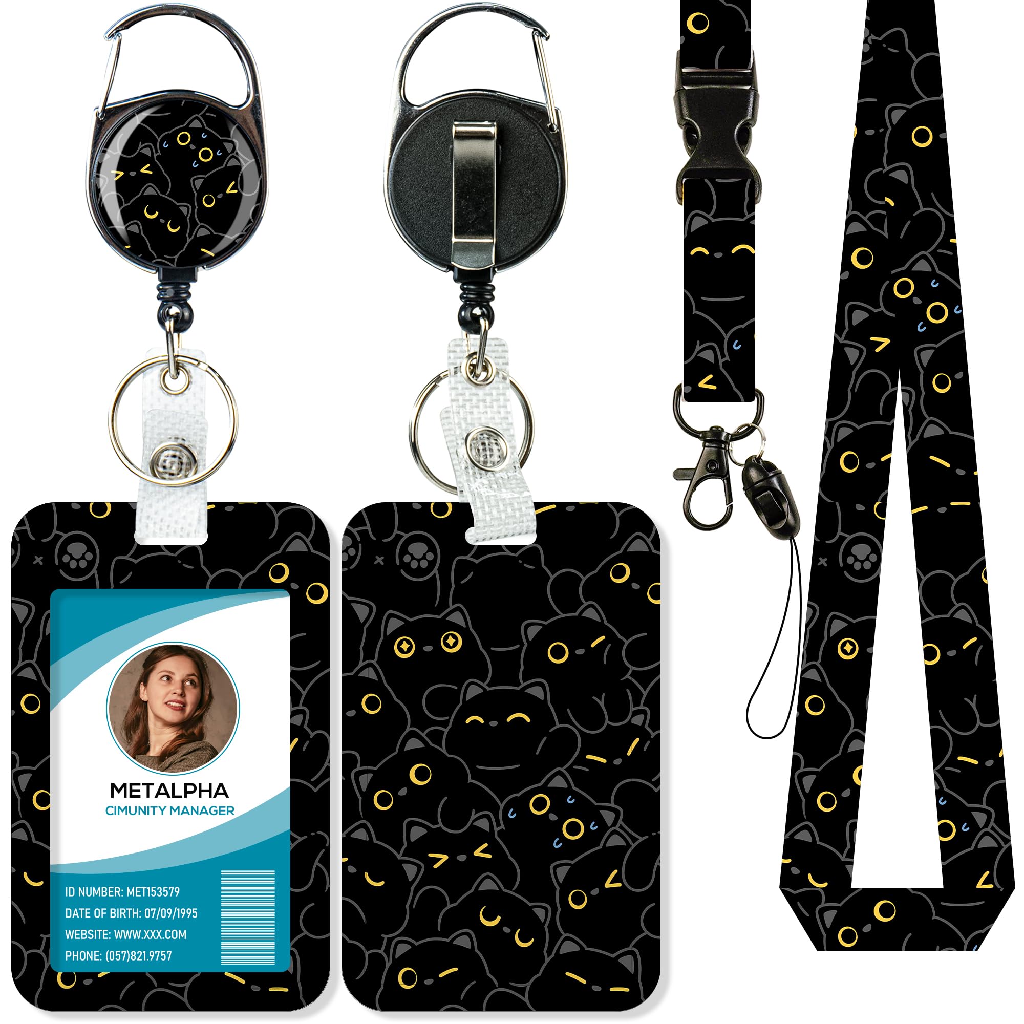 METALPHALanyards for ID Badges, Cute Cat Badge Holder with Retractable Reel Clip, Cat Lover Lanyard with ID Holder, ID Card Holder with Breakaway Lanyard for Women Teachers, Students, Nurses, Doctors