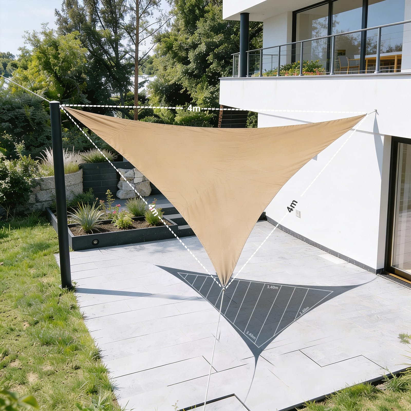 HAIKUS Voile d'ombrage Imperméable Triangulaire 4x4x4m, Toile Ombrage PES Résistant à l'eau, Filet dombrage Triangle 4m Résistant 98% Protection Rayons UV pour Patio Jardin Extérieur, Sable 4x4x4