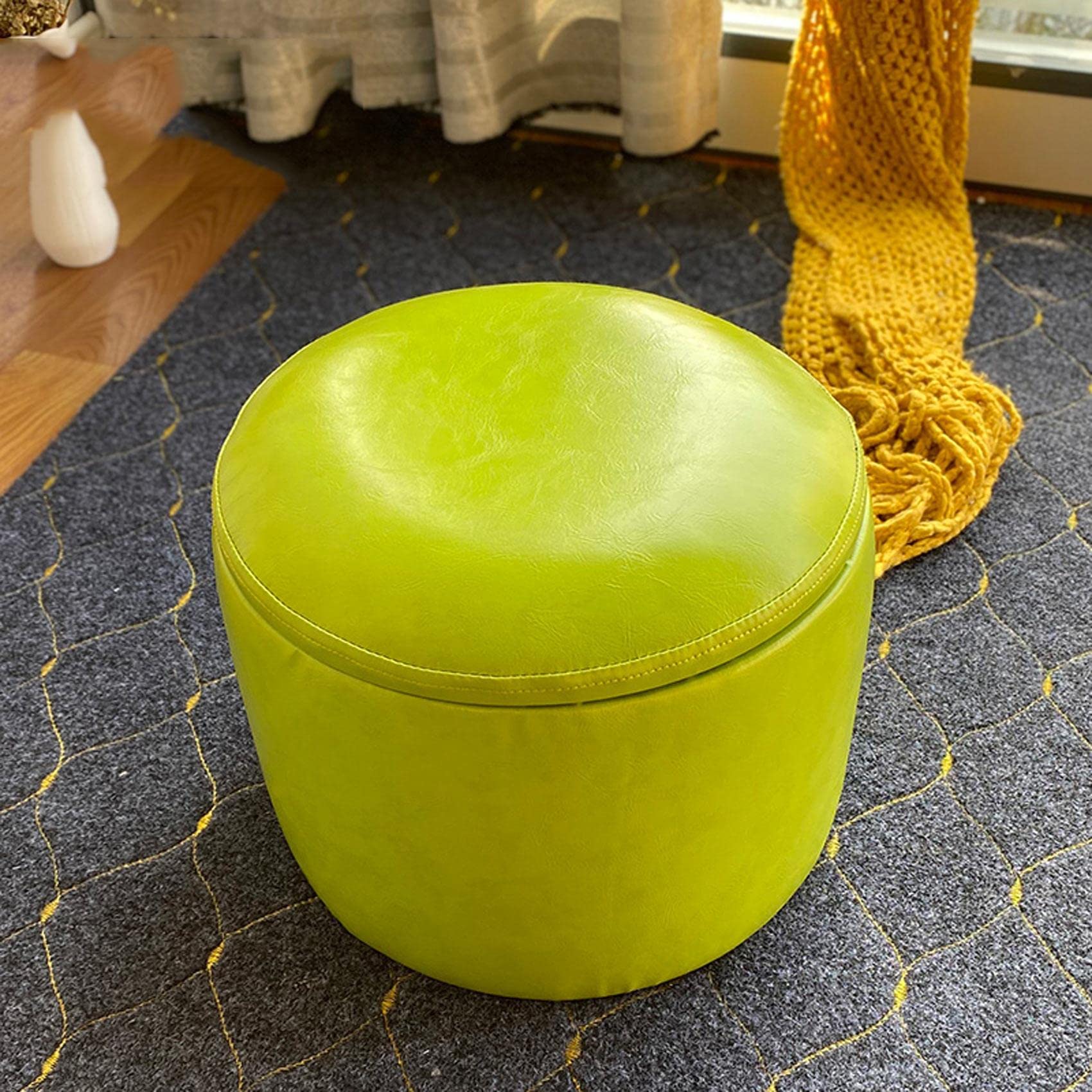 LMMIAOZ Green Leather Foot Stool with Storage Round Living Room and Bedroom Footstool (29x33cm)