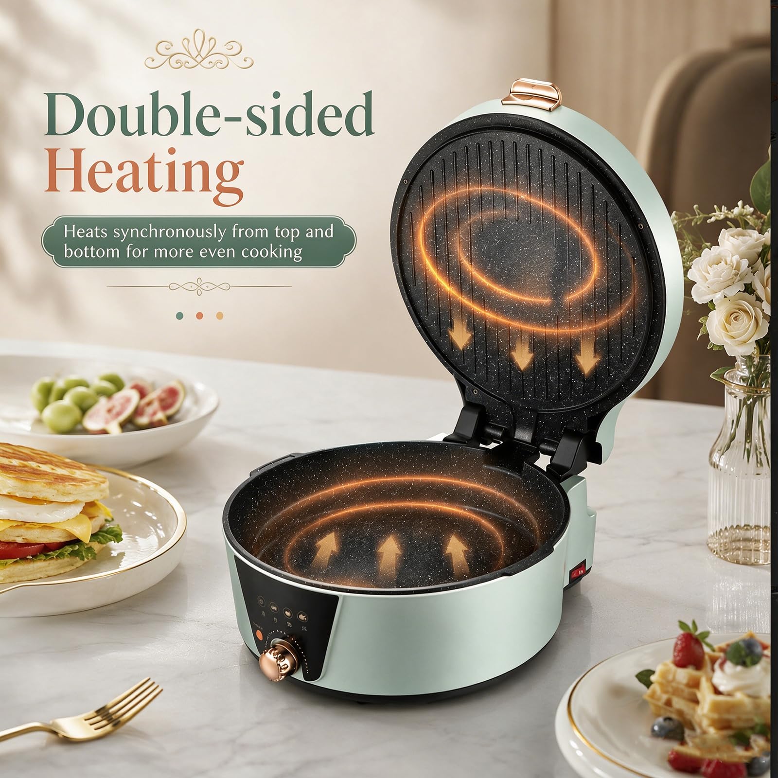 1800W, Antiadherente Desmontable, Calefacción de Doble Cara, para Desayuno | 1800W, calefacción por ambos lados. sartén antiadherente. Bandeja desmontable(cyan)