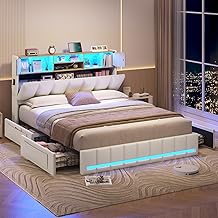 KIMENICH Lit 160 x 200, Lits Double avec LED et Multiprise, Cadre de Lit en Métal avec 4 Tiroirs, Tête de Lits en Bois Capitonnée avec 7 Compartiments, Lits 160 x 200 avec Sommier et Rangement, Blanc
