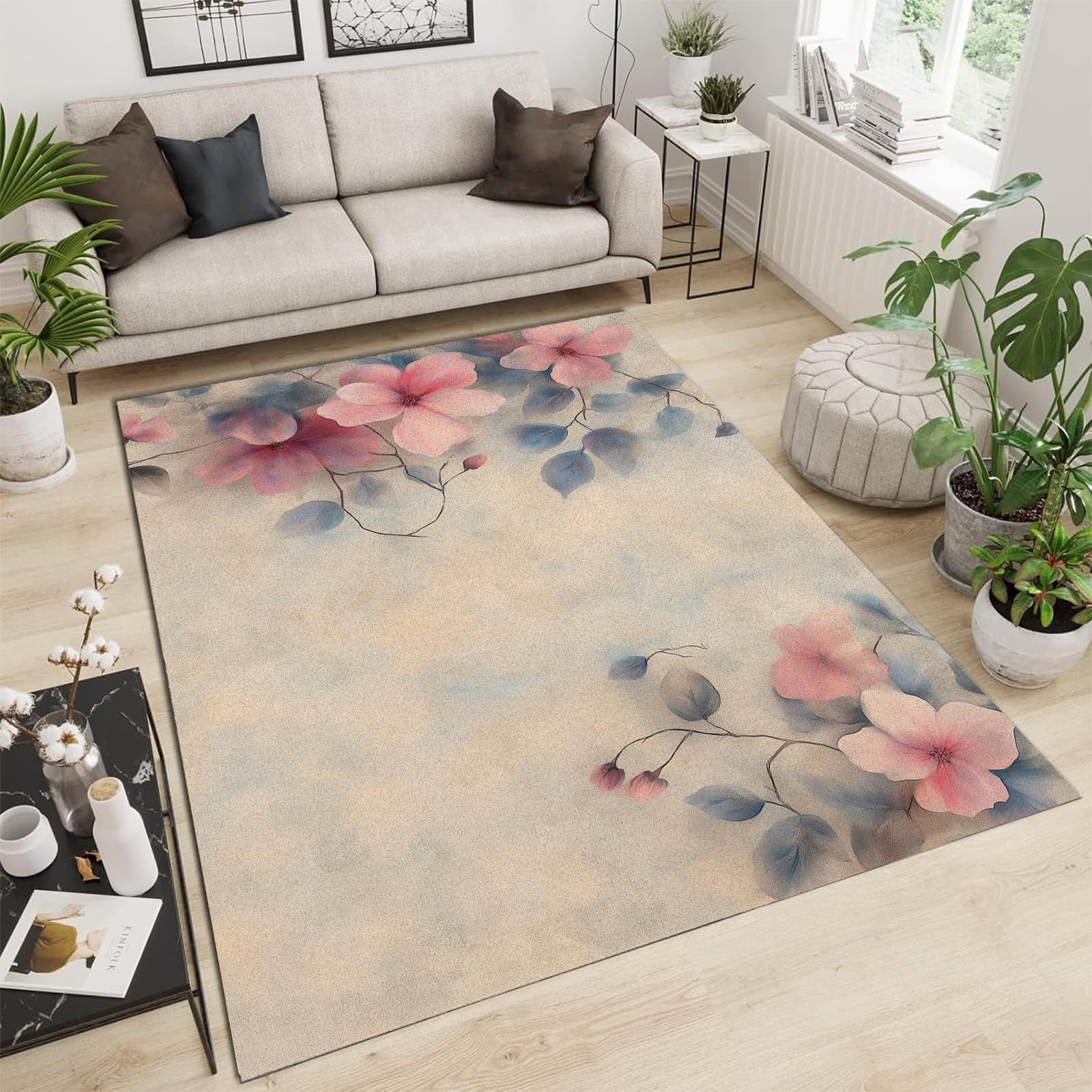 Tapis salon fleurs sauvages aquarelle 180x270 grand tapis chambre doux