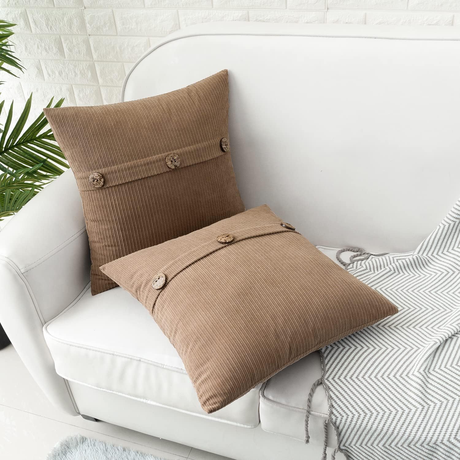 HWY 50 Taupe Chenille Throw Pillow Covers 22x22 Inch with Triple Buttons, Soft Farmhouse Accent Decorative Cushion Cases for Couch Sofa Bed Living Room Pack of 2