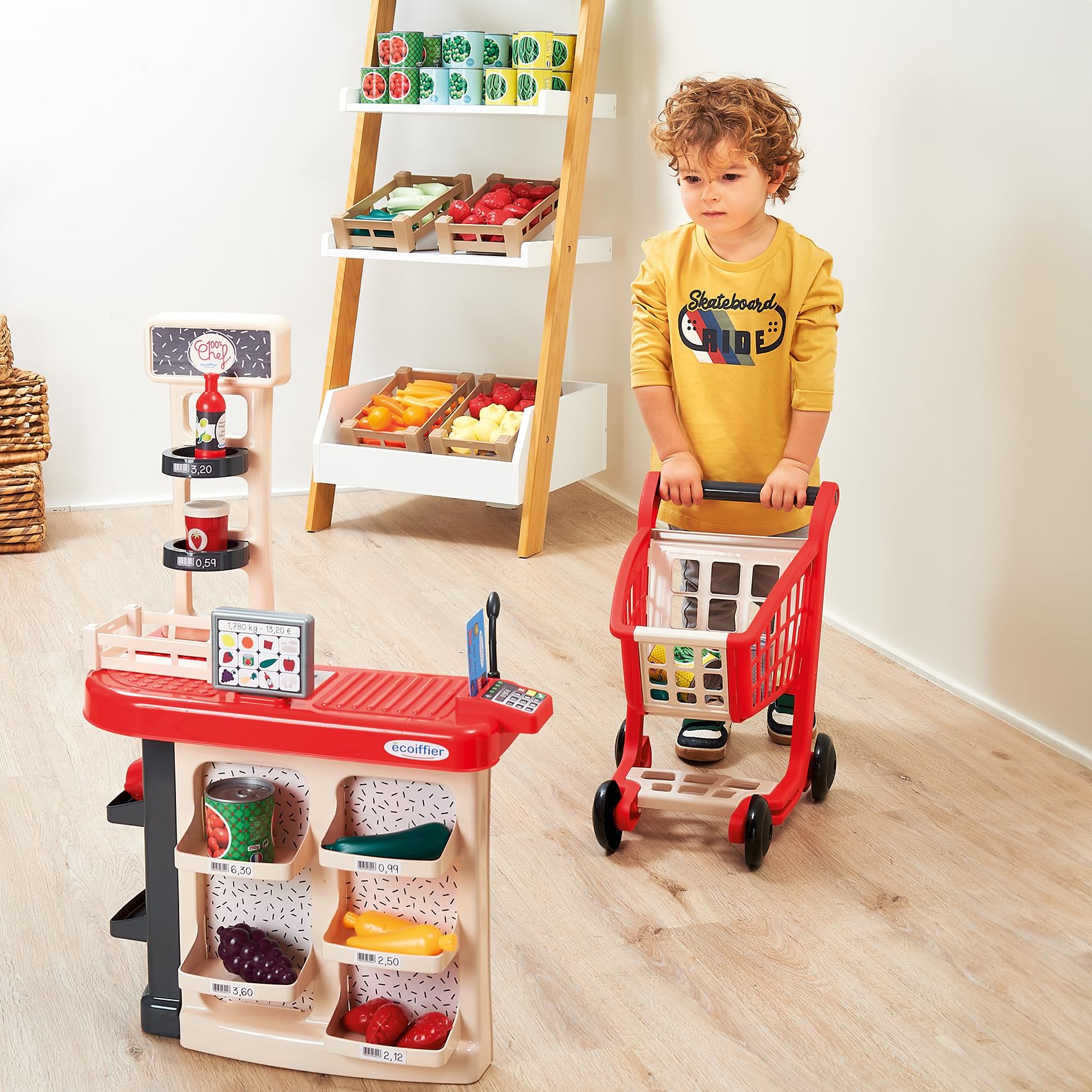 Ecoiffier 100por ciento Chef supermercado con Carrito, mostrador con Productos, TPV, báscula, micrófono y Accesorios, Juego de imitación Desde 18 Meses (7900001676)