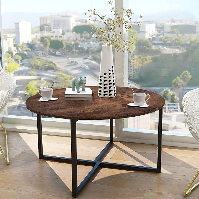 Round Coffee Table Kitchen Dining Table Modern Leisure Tea Table Office Conference Pedestal Desk Computer Study Desk Rustic Brown/Black