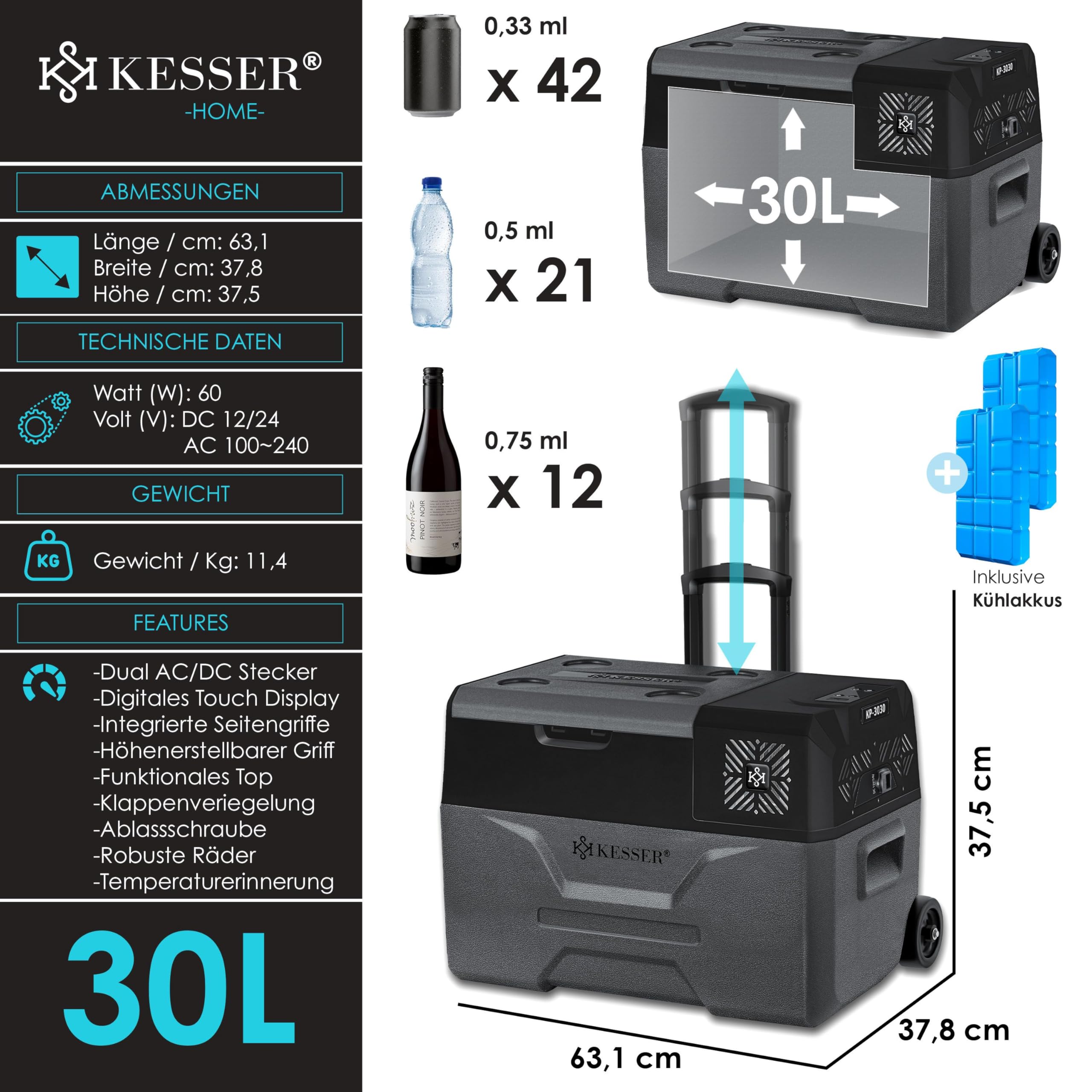 KESSER® Frigobar a compressore 30 litri Frigocongelatore Elettrico con Controllo Tramite App Connessione USB 12/24 V 230 V + Ruote telescopiche Frigorifero Raffreddamento Fino a -20 °C per Auto