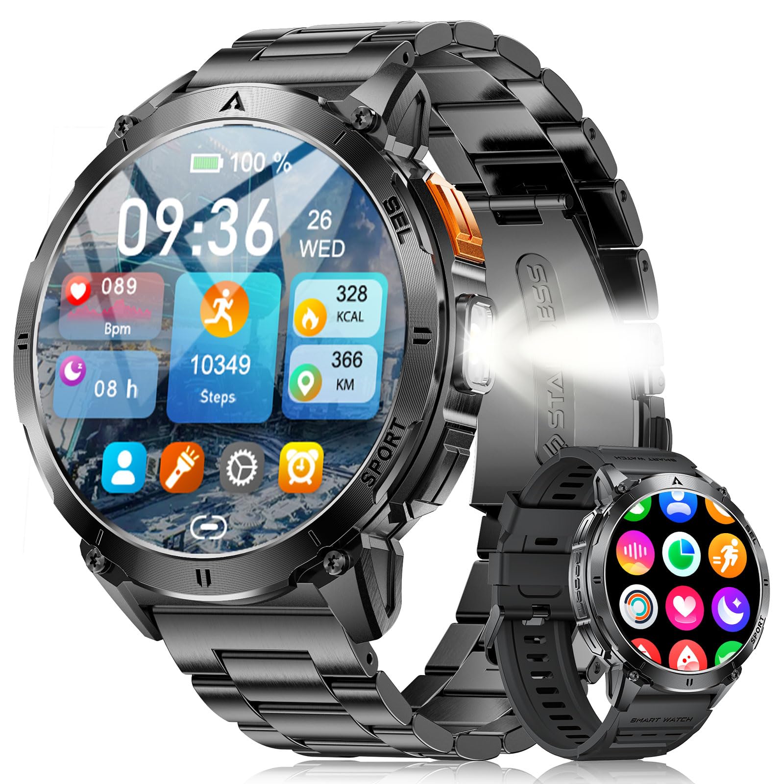 LIGE Reloj Inteligente Hombre con Linterna, 1.62" AMOLED Militar Smartwatch con Llamadas Bluetooth,730mAh Batería grande,110+ Modos Deportivos Pulsera Actividad, 24/7 Pulsómetro/Sueño para Android iOS