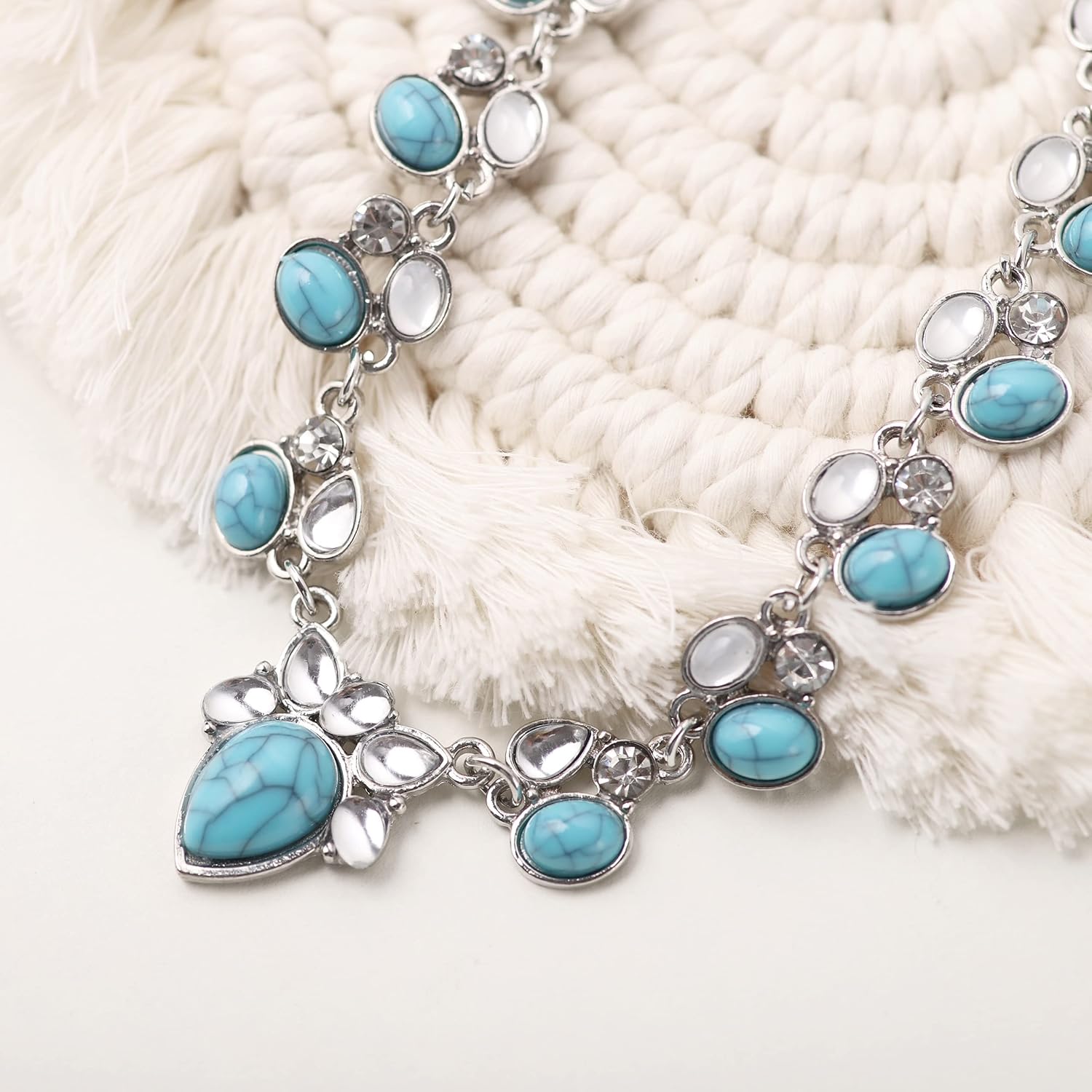 MINACHI Bohemian Beaded Necklace, Crystal Created Turquoise Flower Stone Bead Choker, Boho Vintage Jewelry Gift for Women - Image 3