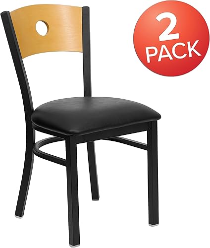 Miniatura 4 de Flash Furniture HERCULES Series Silla de restaurante de metal con respaldo circular negro, respaldo de madera natural, asiento de vinilo negro