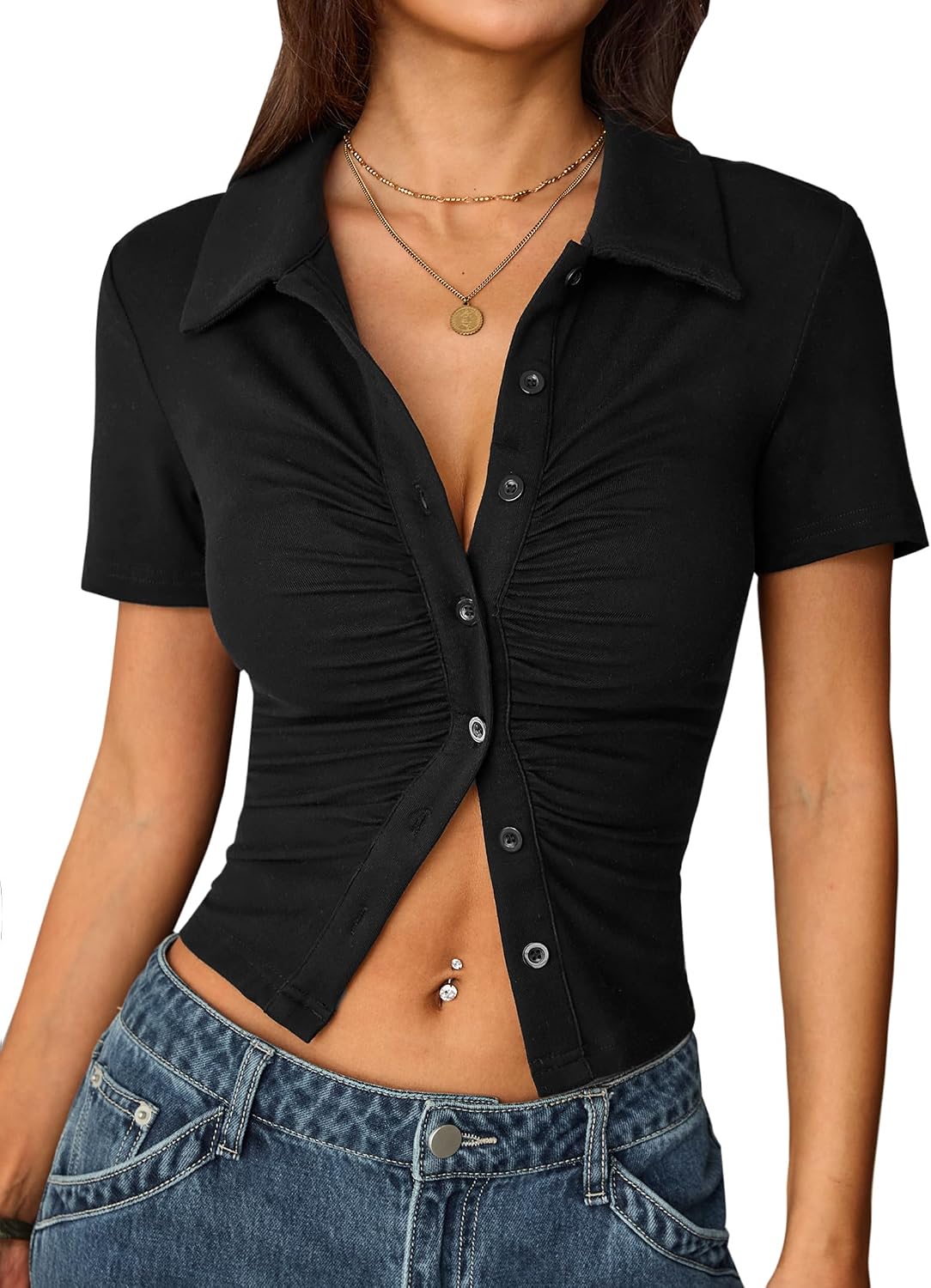 Hilinker Womens Button Up Short Sleeve Crop Tops Ruched Going Out Collared Shirts