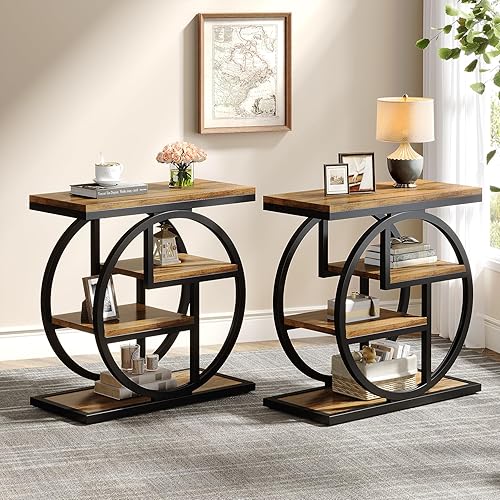 Tribesigns Juego de 2 mesas auxiliares estrechas de 4 niveles con estantes de almacenamiento, mesa auxiliar de madera para sofá pequeño con marco de
