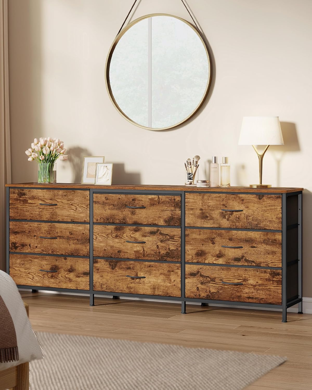 SONGMICS BELLAH Collection - Dresser for Bedroom, TV Stand for TVs Up to 70 Inches, Chest of Drawers for Living Room, Closet, Steel, 9 Drawers, Industrial, Rustic Brown and Ink Black ULGS233KD02S