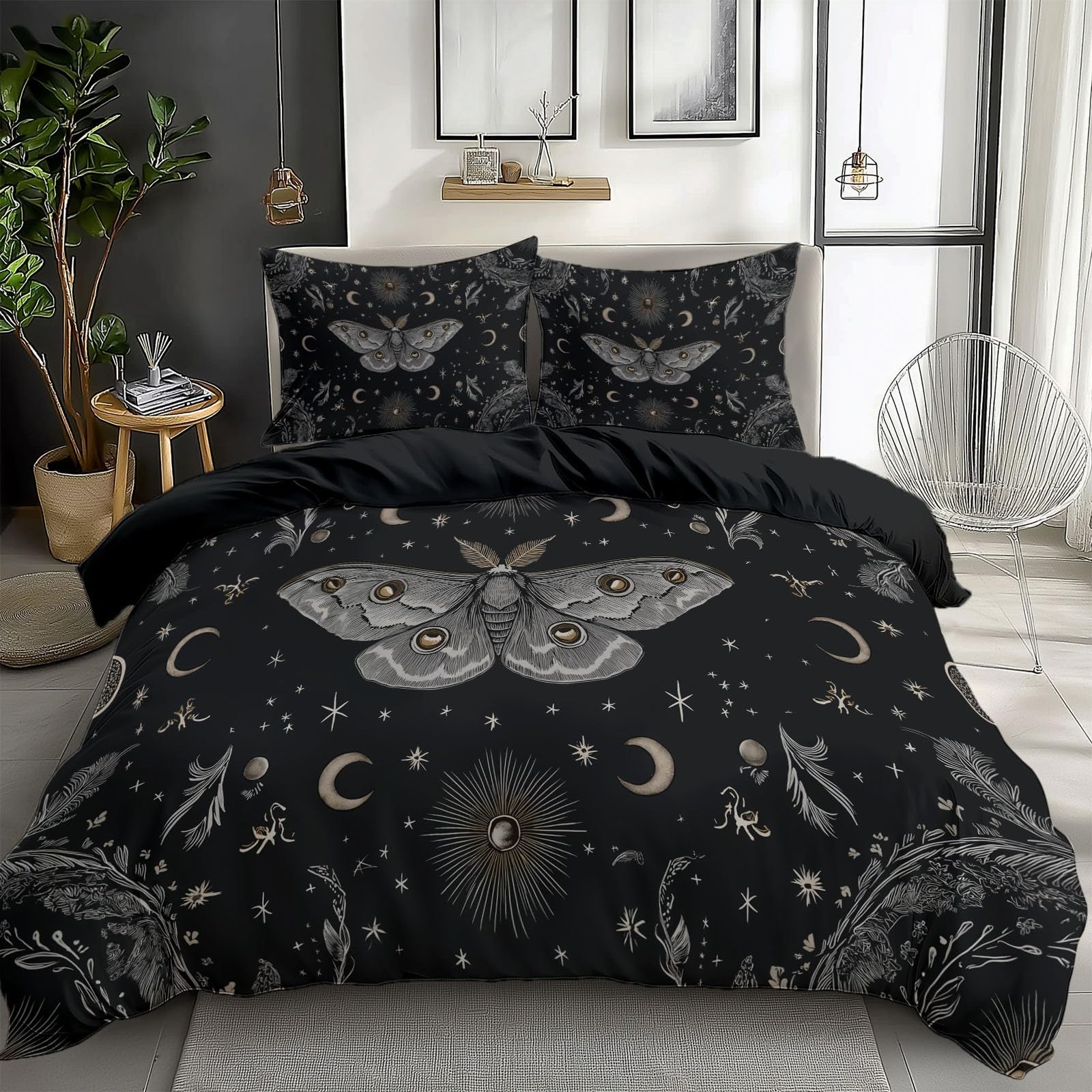 Komplet pościeli w stylu gotyckim, księżyc, księżyc, gwiazdy, księżyc, 230 x 220 cm, poszewka na kołdrę dla dzieci, miękka mikrofibra, czarna poszwa na kołdrę z poszewką na poduszkę 80 x 80 cm i