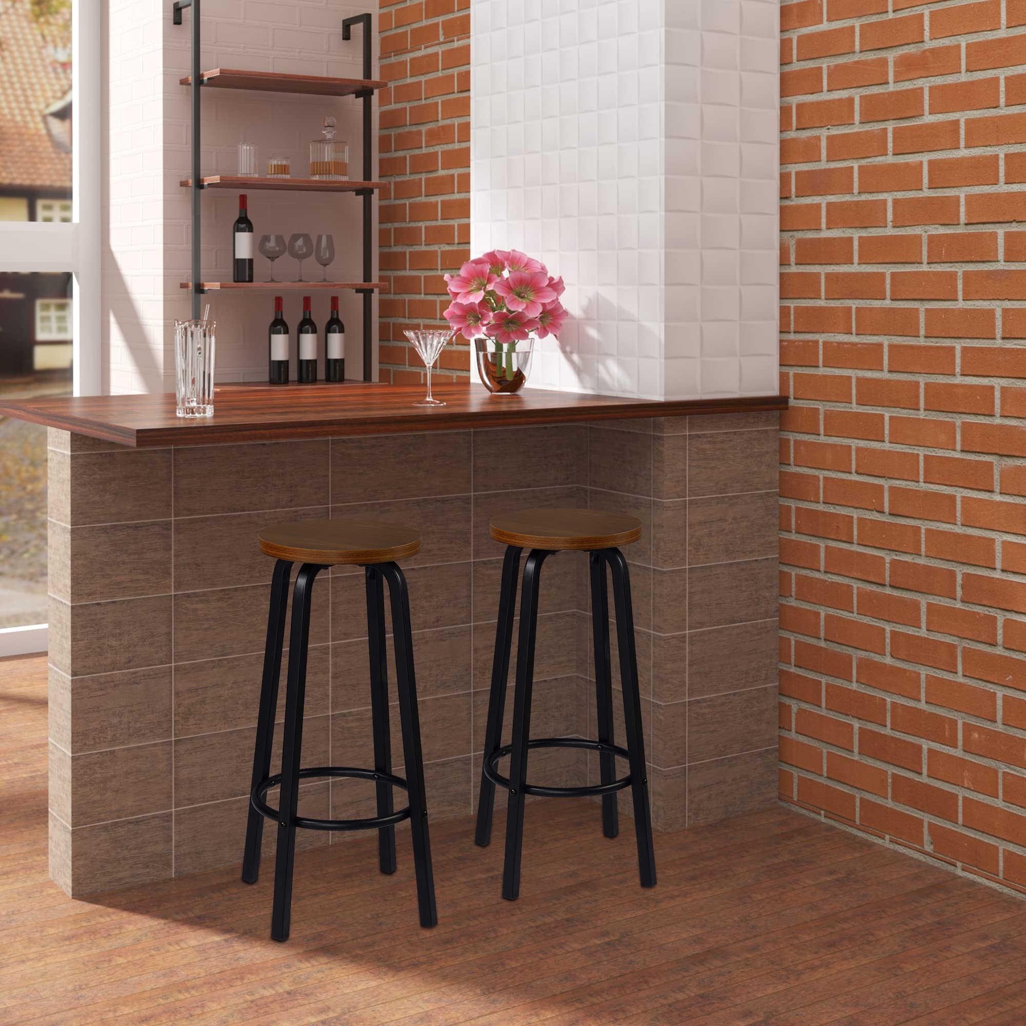 WOLTU Taburete de Bar Juego de 4, Estructura de Metal, Marrón Oscuro | Taburete Alto Cocina para Salon Cocina, Asiento de MDF