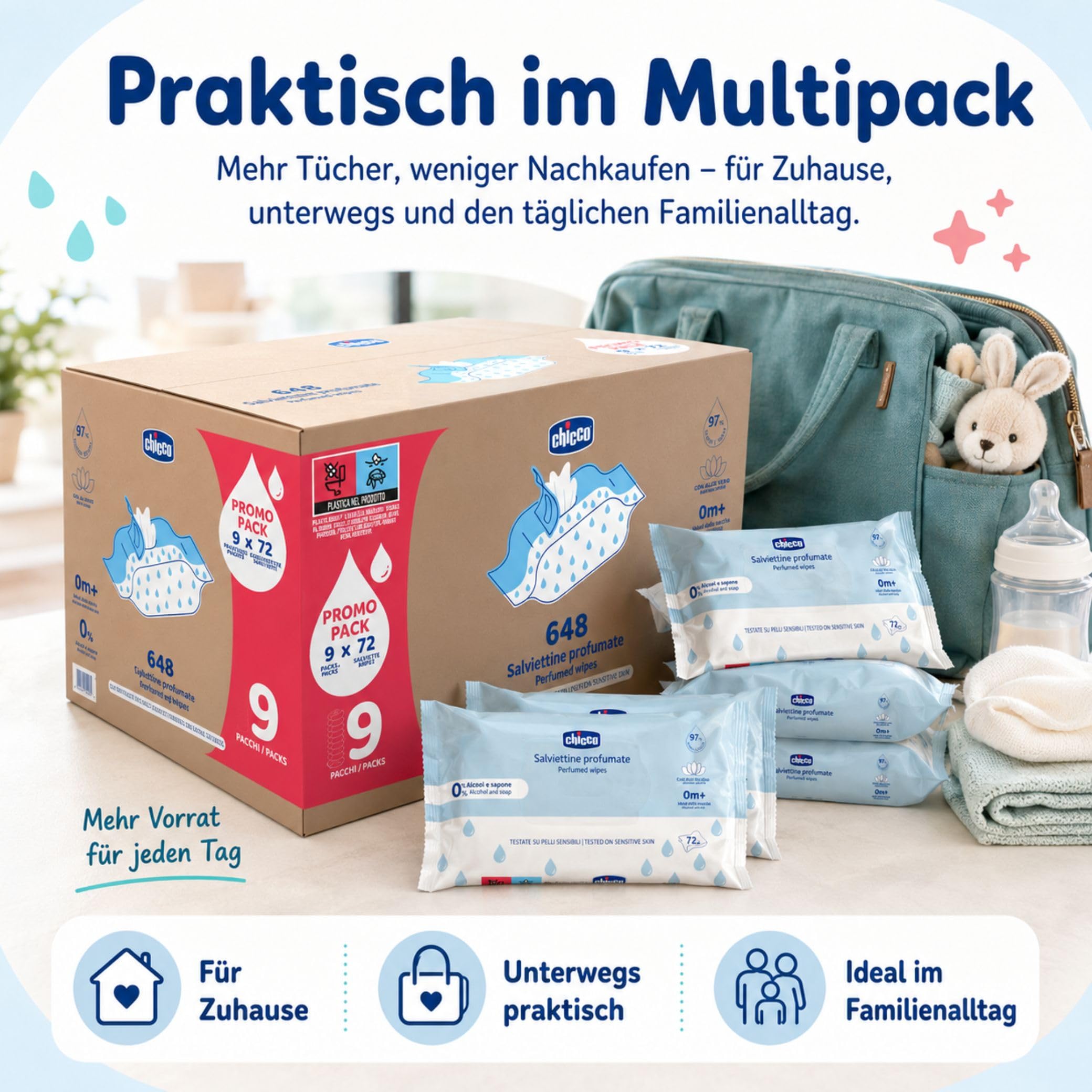 Chicco Feuchttücher Multipack, Set Windel Blaubär | Kinderhaus Blaubär: ohne Alkohol & Seife, mit Lotuswasser, für empfindliche Haut, 72 Tücher