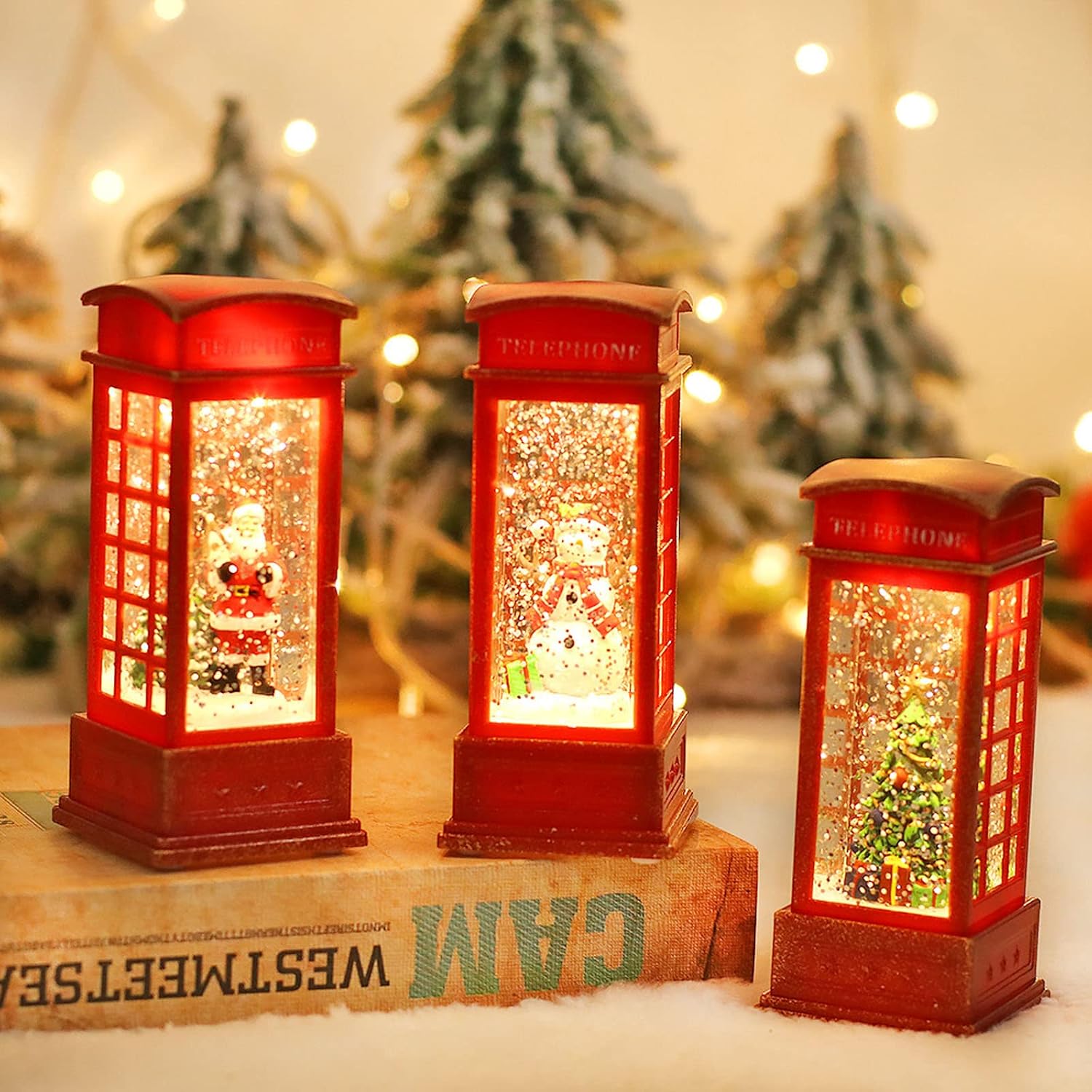 Santa Phone, Christmas Red Phone Booth Vintage Led Light Ornament Decor for Home Festival Birthday Party Background Decor