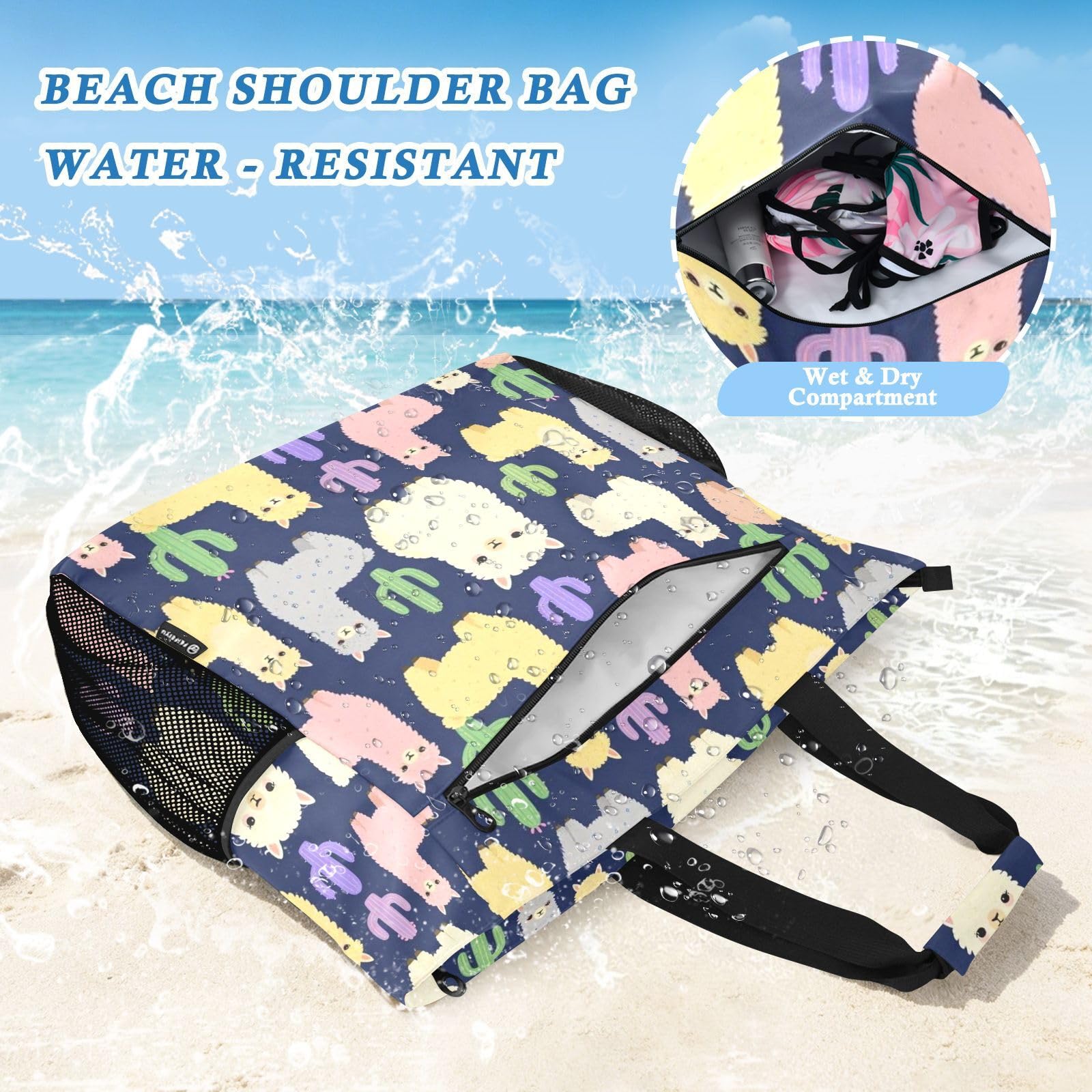 JUNZAN Bolsa de playa resistente al agua de gran capacidad con múltiples