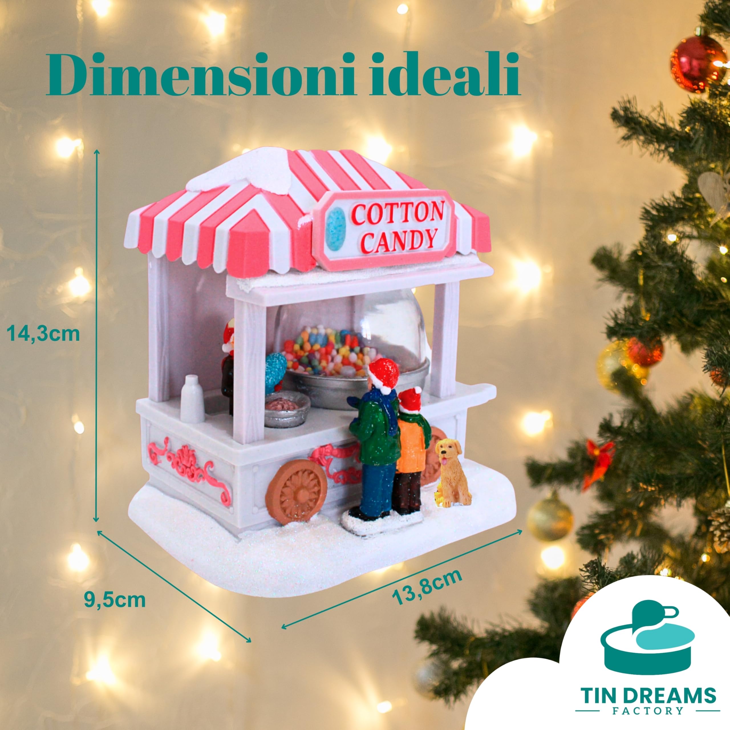 TIN DREAMS | Bancarella Zucchero Filato con Movimento e Luci LED | Scena Natale Animata | Casetta Illuminata per Villaggio in Miniatura, Cittè | Addobbi Decorazione Natalizia Casa