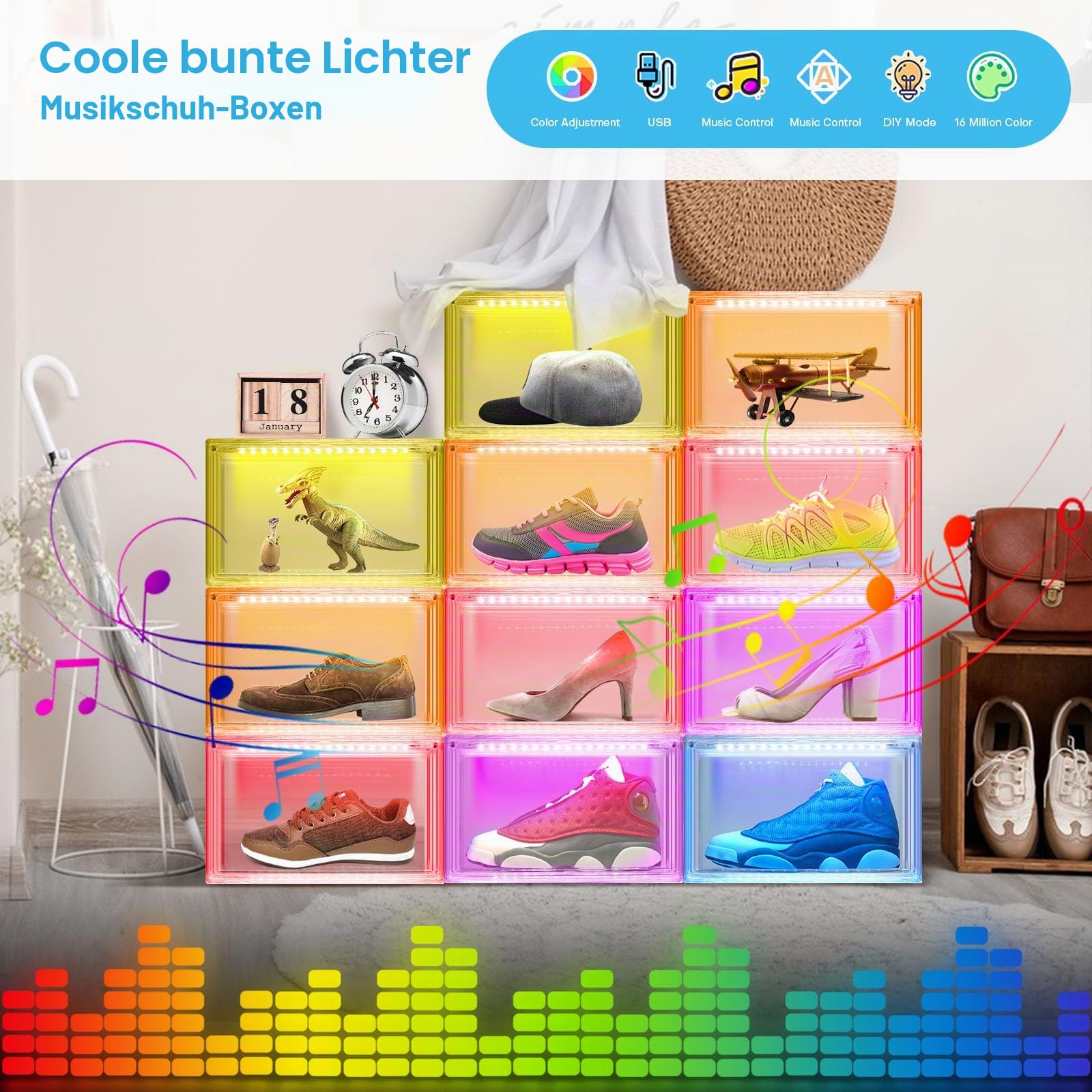 Oltraman LED Schuhboxen Stapelbar, 2er Set, Schuh-Organizer aus Kunststoff, Schuhaufbewahrung Platzsparend, Musik Sound-aktiviert und Fernbedienung, Transparent