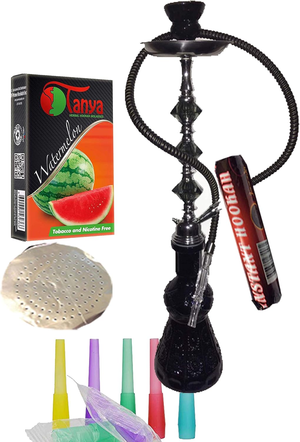 1 Hose Hookah 22'' Glass Water Vase Nargila with 10 Charcoal & 1 Flavor Watermelon & 5 Mouth Tips, 25 foil (22'' Black)