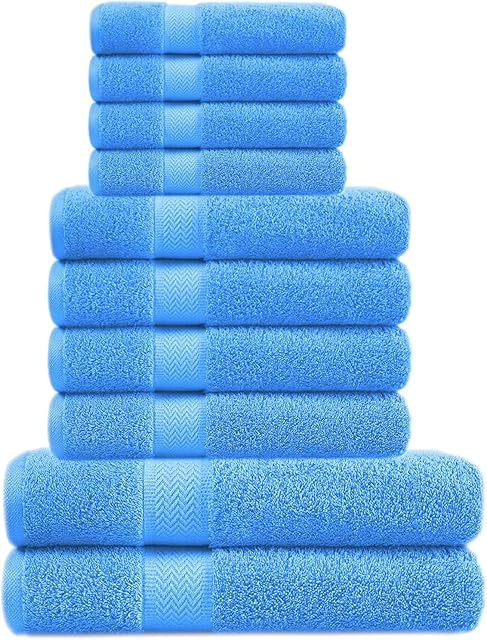 A & B TRADERS Bathroom Towels Bale Set 10-Piece 4x Hand, 4x face Cloths, 2x Bath Towels 100% Cotton Quick Dry Soft Absorbent (Sky Blue)