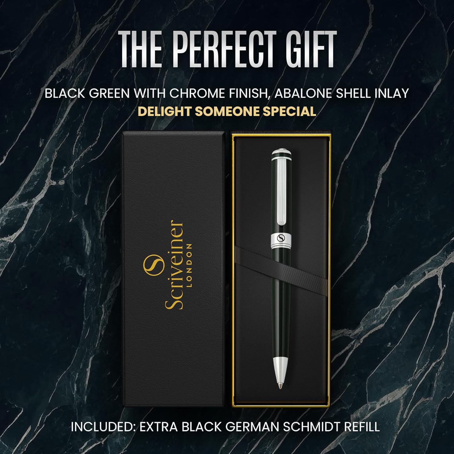 Scriveiner BlackGreen Ballpoint Pen - Black Green Luxury Pen, Chrome Finish, Schmidt Black Refill, Best Ball Pen Gift Set for Men & Women, Professional Executive Office, Nice Designer Pen - Image 3