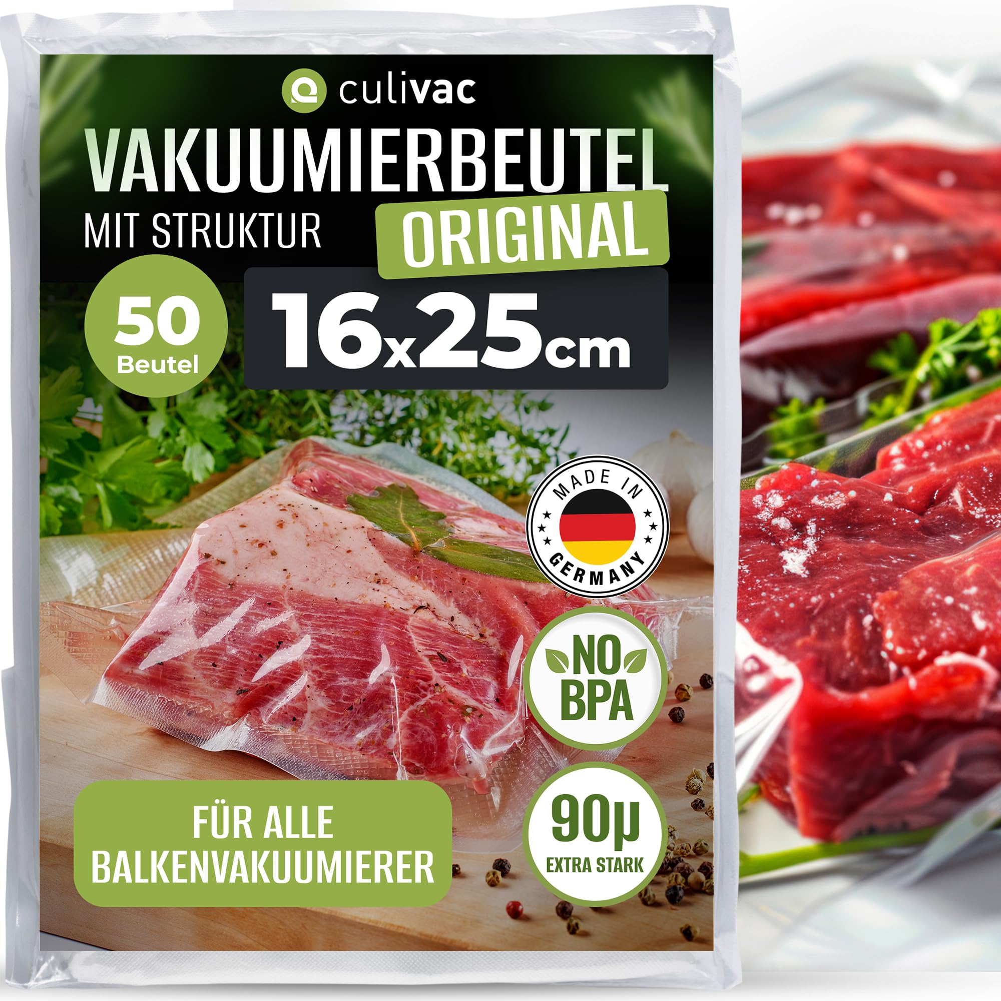 culivac Vakuumierbeutel Original – 50 Stück 16x25cm – 90µm reißfest | Vakuumbeutel für alle Vakuumierer, BPA-frei, dicht, Sous-Vide, wiederverwendbar, 6× längere Frische, Made in Germany