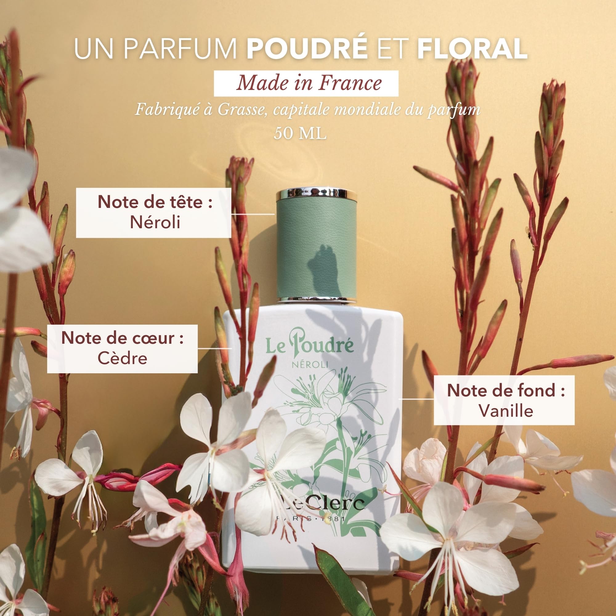 T.LeClerc - Parfum Poudré 50ML - Néroli - Eau de parfum Femme - Fragrance néroli, vanille, musc - Longue Tenue - Fabriqué en France à Grasse