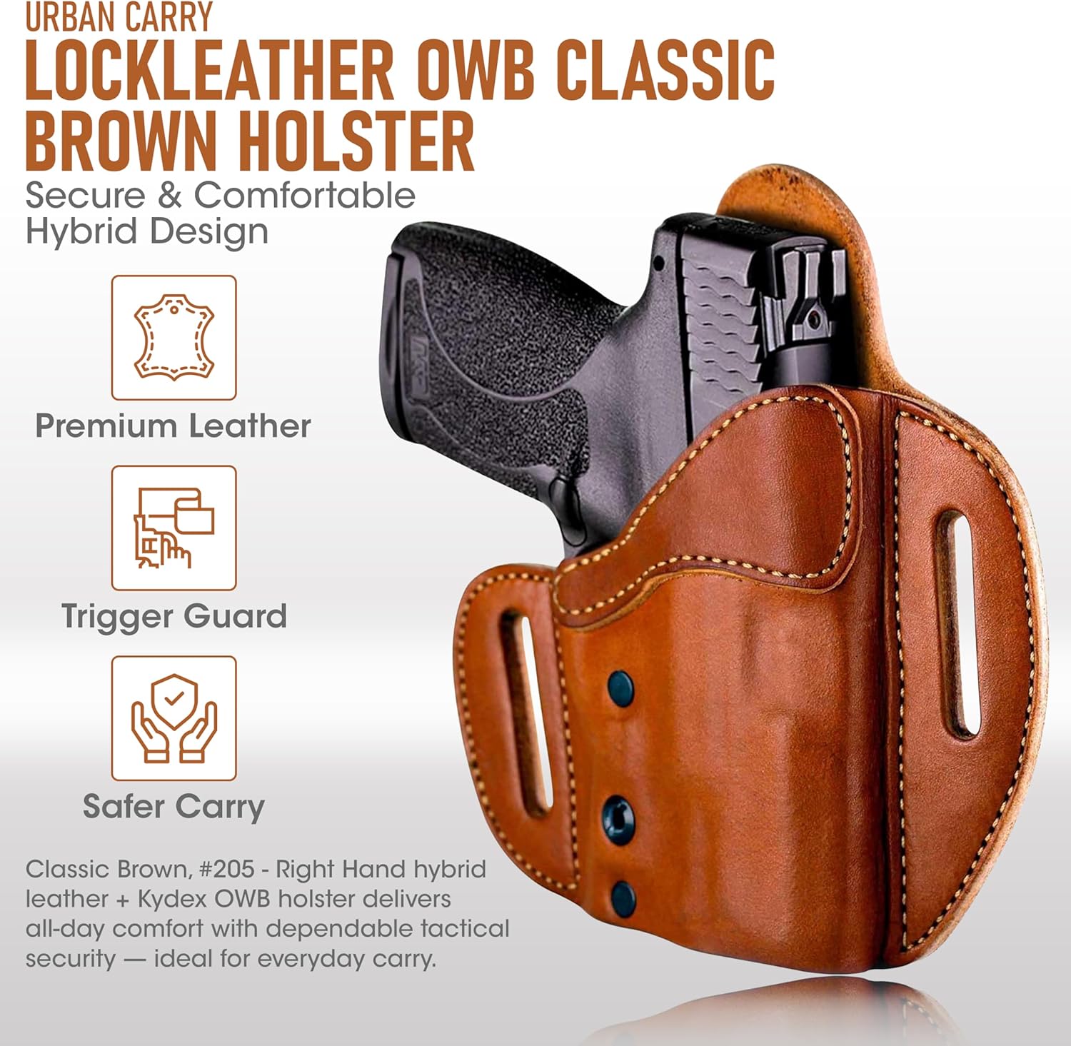 Urban Carry LockLeather OWB Holster | Leather & Kydex Concealed Carry Gun Holster for Men – Secure Slide-Lock System – Compatible with a Wide Range of Firearms – Classic Brown, #205 - Right Hand
