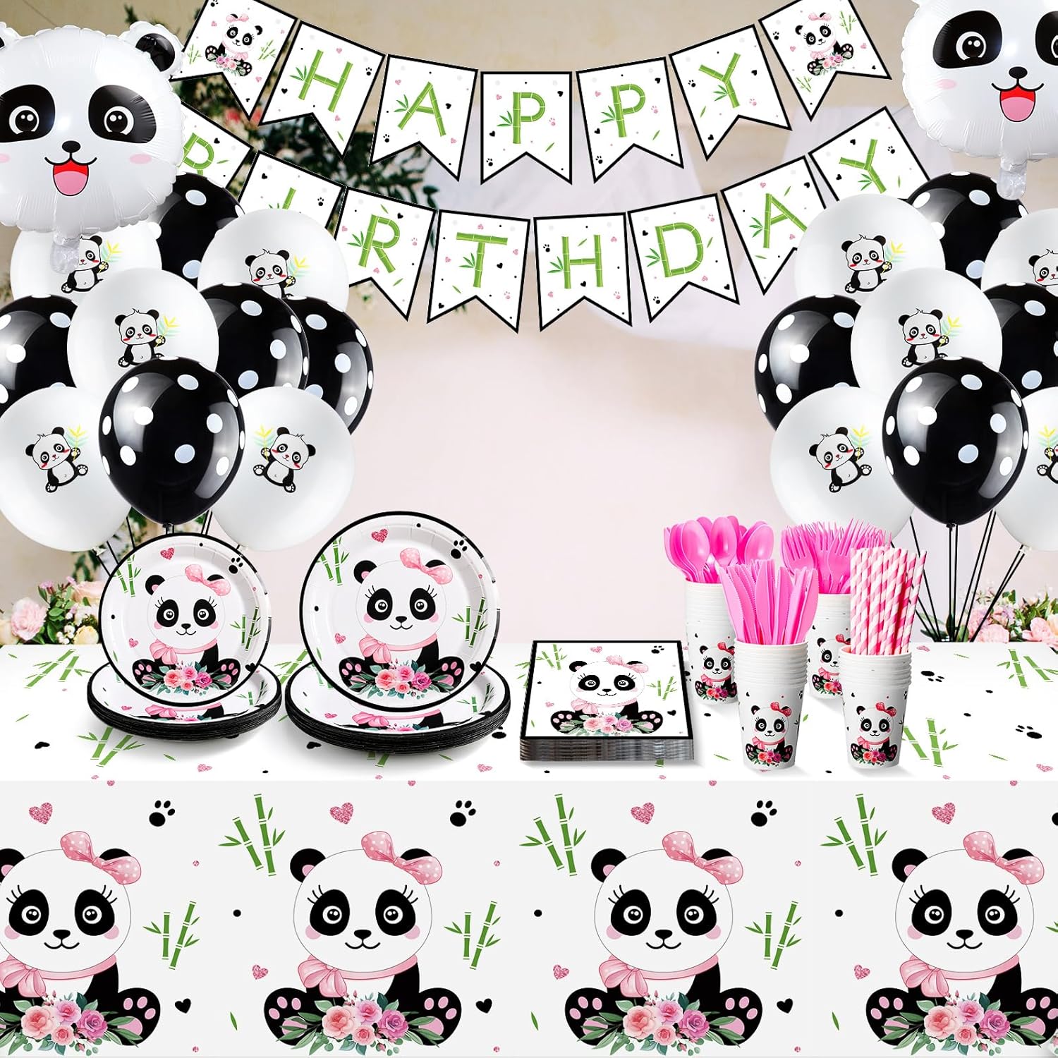 Buryeah Panda Party Supplies - Disposable Tableware Set with Happy Birthday Banner, Panda Plates, Napkins, Balloons, Tablecloth, Forks, Knives, Cups and Straws for Girl's Birthday