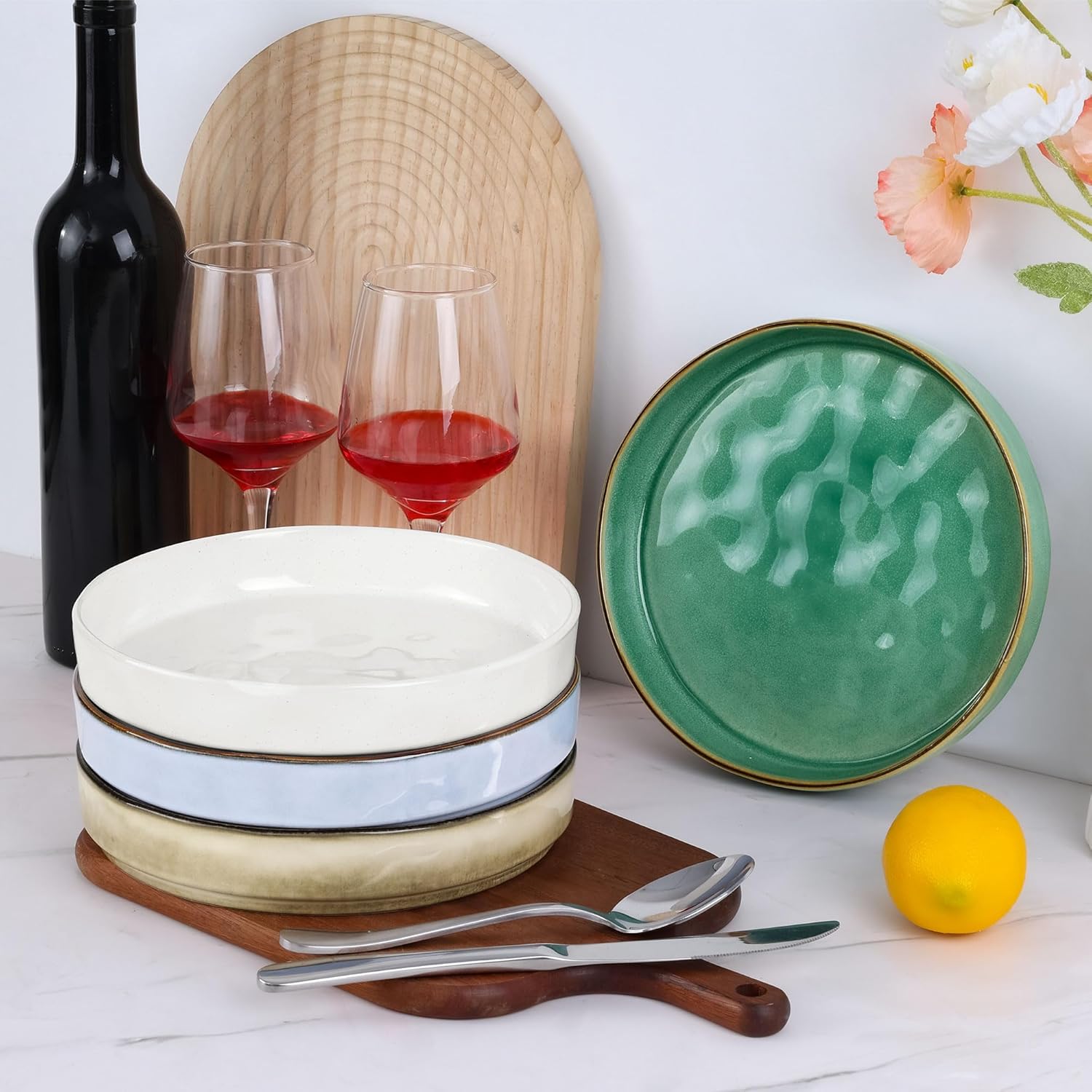 LIANYU 20 Piece Silverware Flatware Cutlery Set, Pasta Bowls Set & Stainless Steel Utensils Service for 4, 8.25’’ Large Salad Bowl Plates Set, Include Knife Fork Spoon, Dishwasher Safe